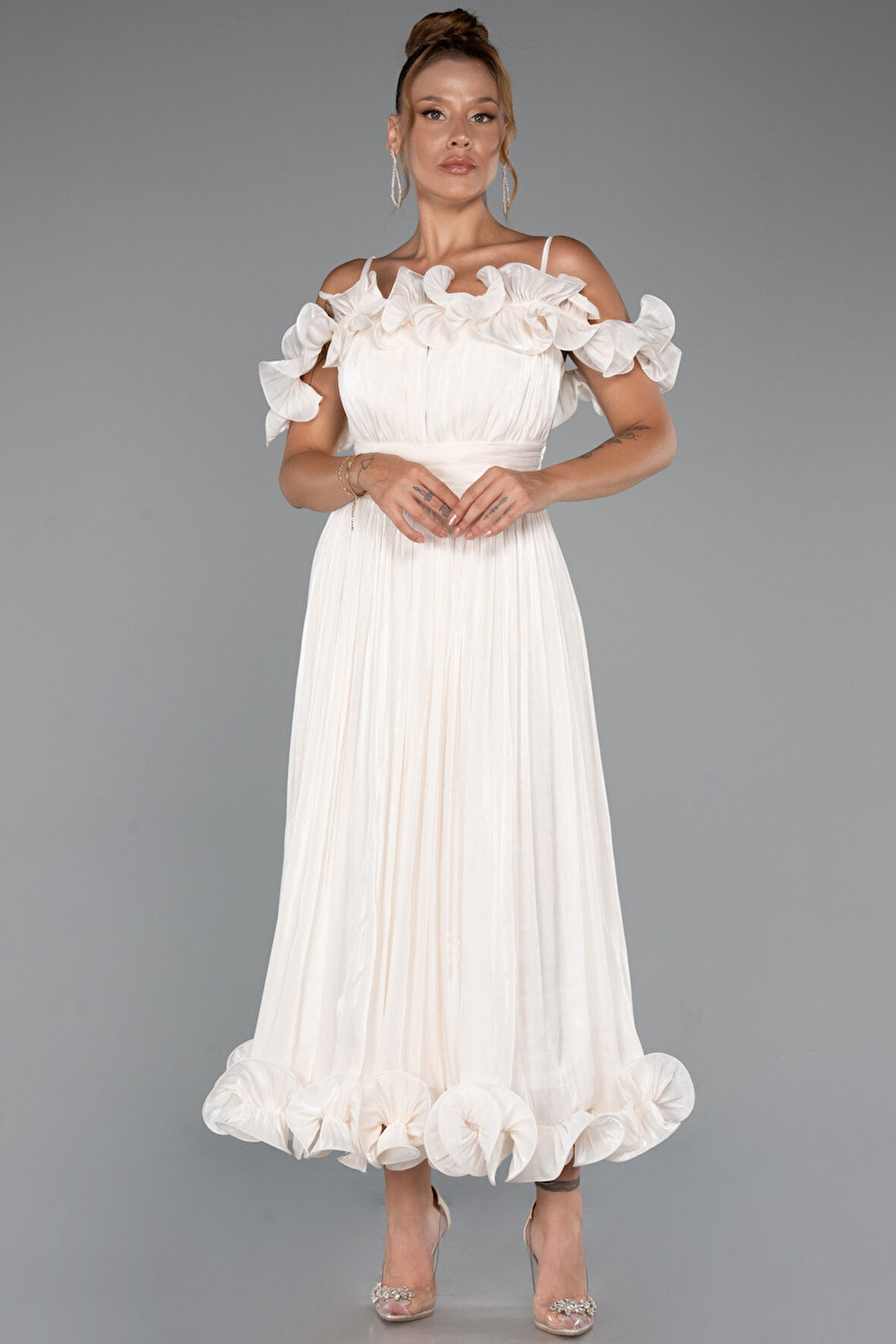 Fırfırlı Kayık Yaka Midi Şifon Davet Elbisesi ABK2425