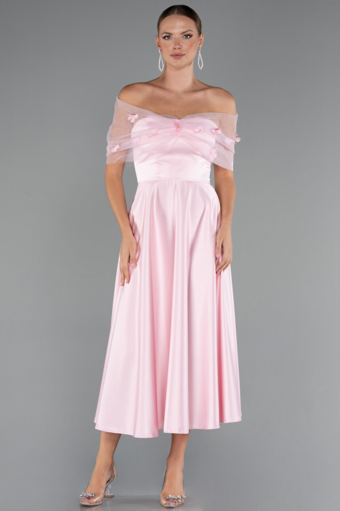 Kayık Yaka Midi Saten Davet Elbisesi ABK2431