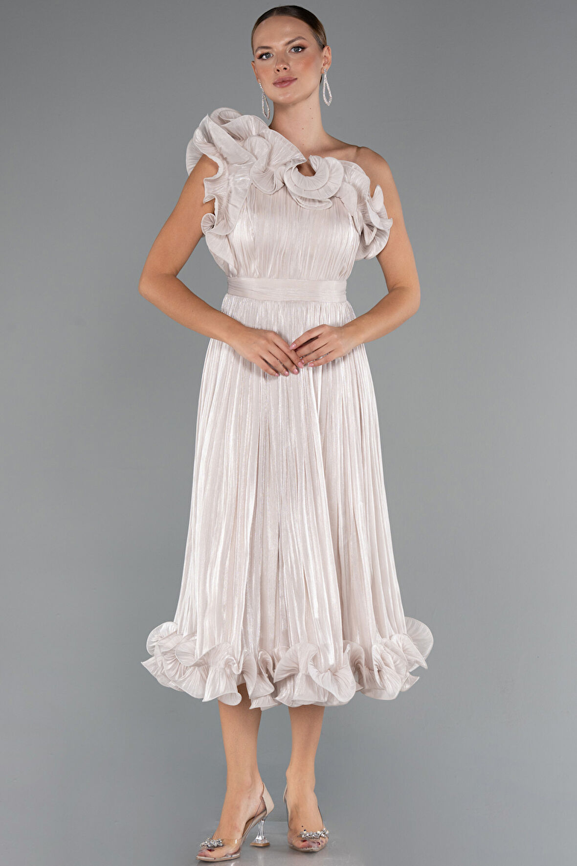 Fırfırlı Tek Omuz Midi Şifon Abiye Elbise ABK2434