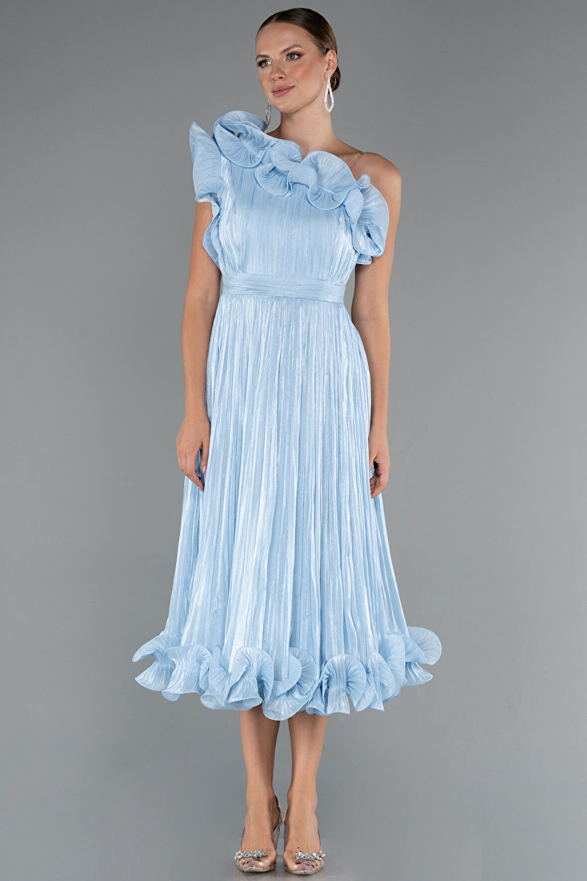 Fırfırlı Tek Omuz Midi Şifon Abiye Elbise ABK2434