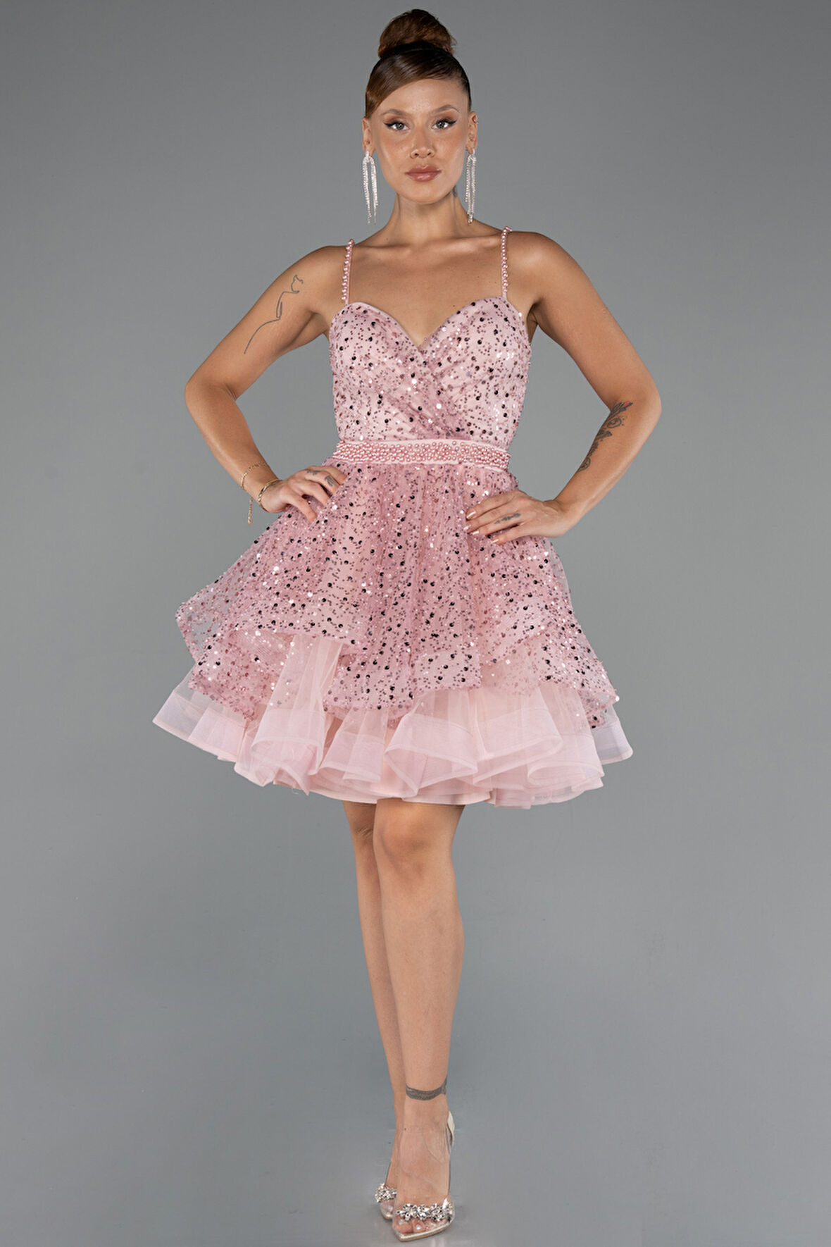 Askılı Kısa Pullu Abiye Elbisesi ABK2435