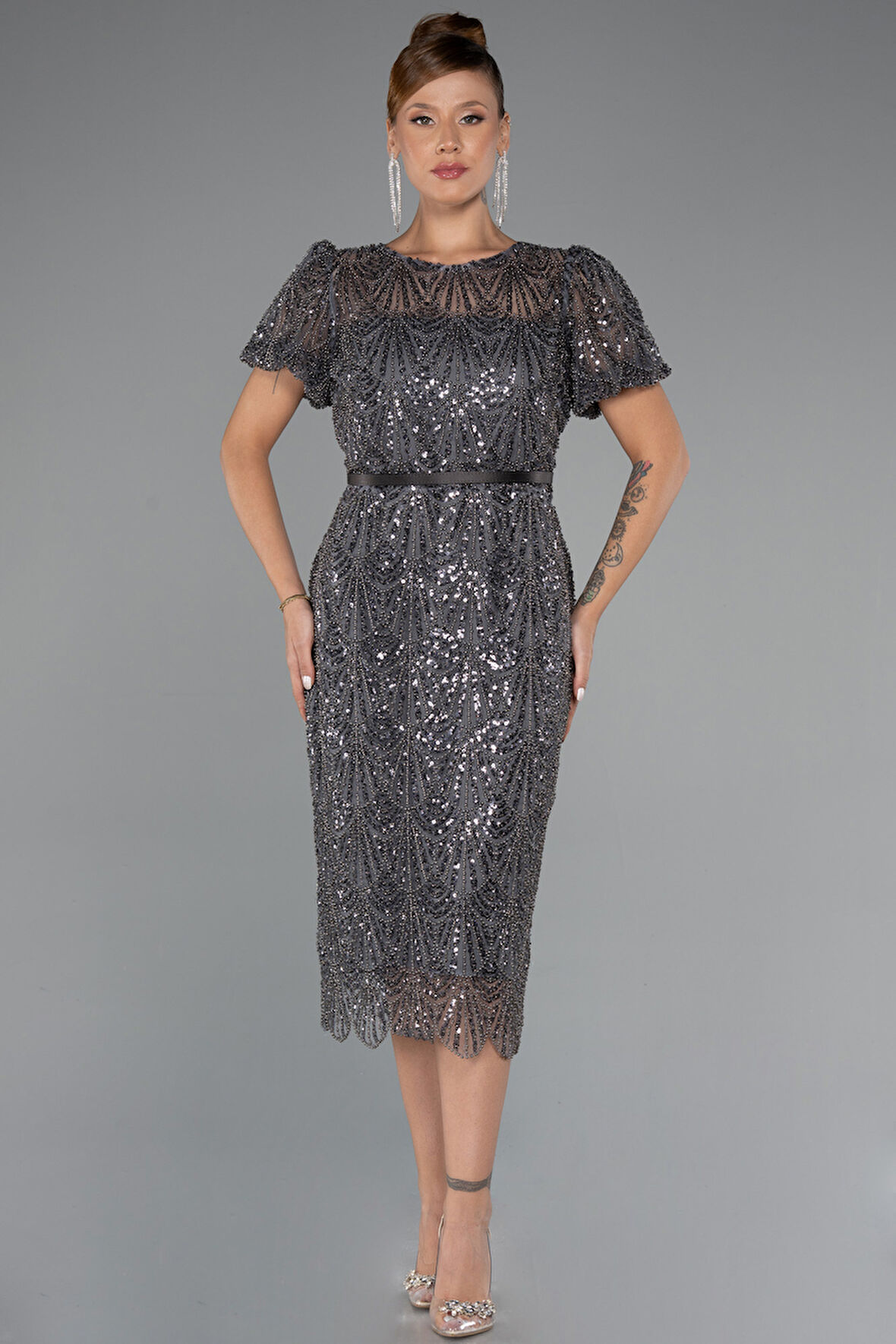 Kısa Kol Midi Boncuklu Büyük Beden Abiye ABK2449