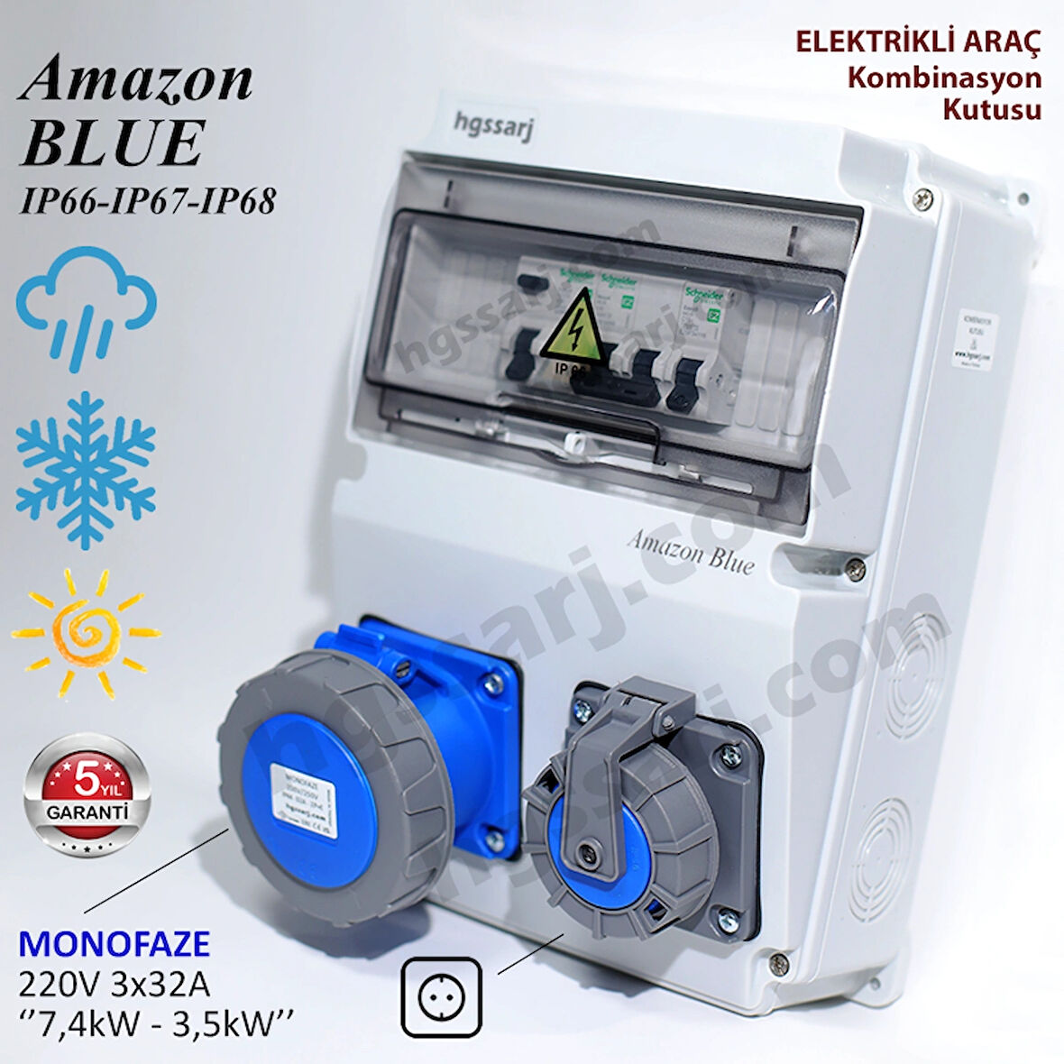 Amazon BLUE, IP66-IP67-IP68, Monofaze Elektrikli Araç Kombinasyon Kutusu, Tesla Blue Adaptöre Uyumlu, 3x32A + 1x16A - Sigorta Markası Seçeneği - 5 Yıl Garanti