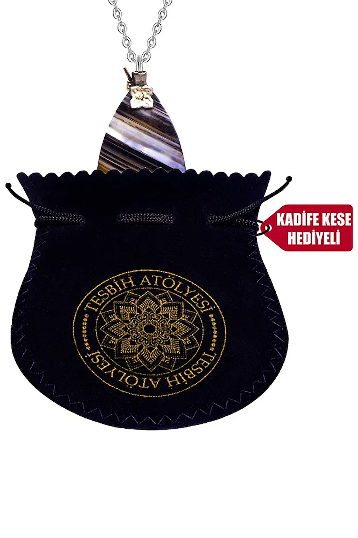 Sertifikalı Damla Kesim Doğal Desenli Akik Taşı Kolye