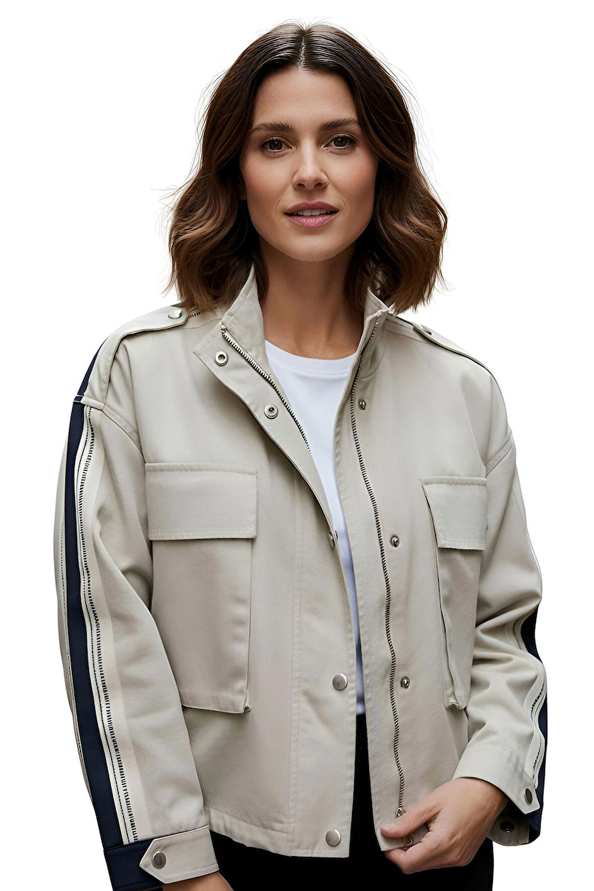 Kadın Denim Detaylı Cepli Fermuarlı Ceket/Mont