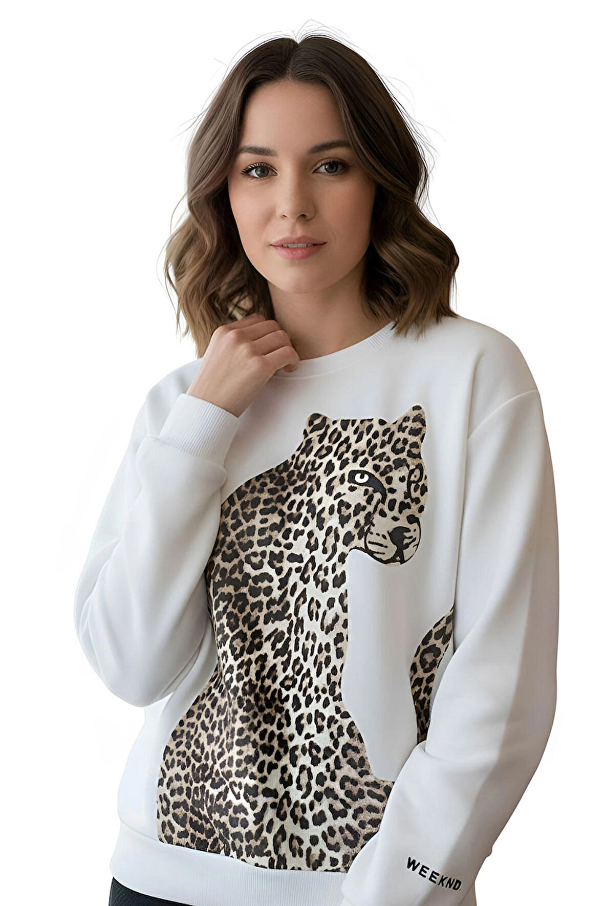 Sweatshirt Şardonlu Kaplan Leopar Baskılı Basic Uzun Kollu Ribanalı Yuvarlak Yaka Sweat