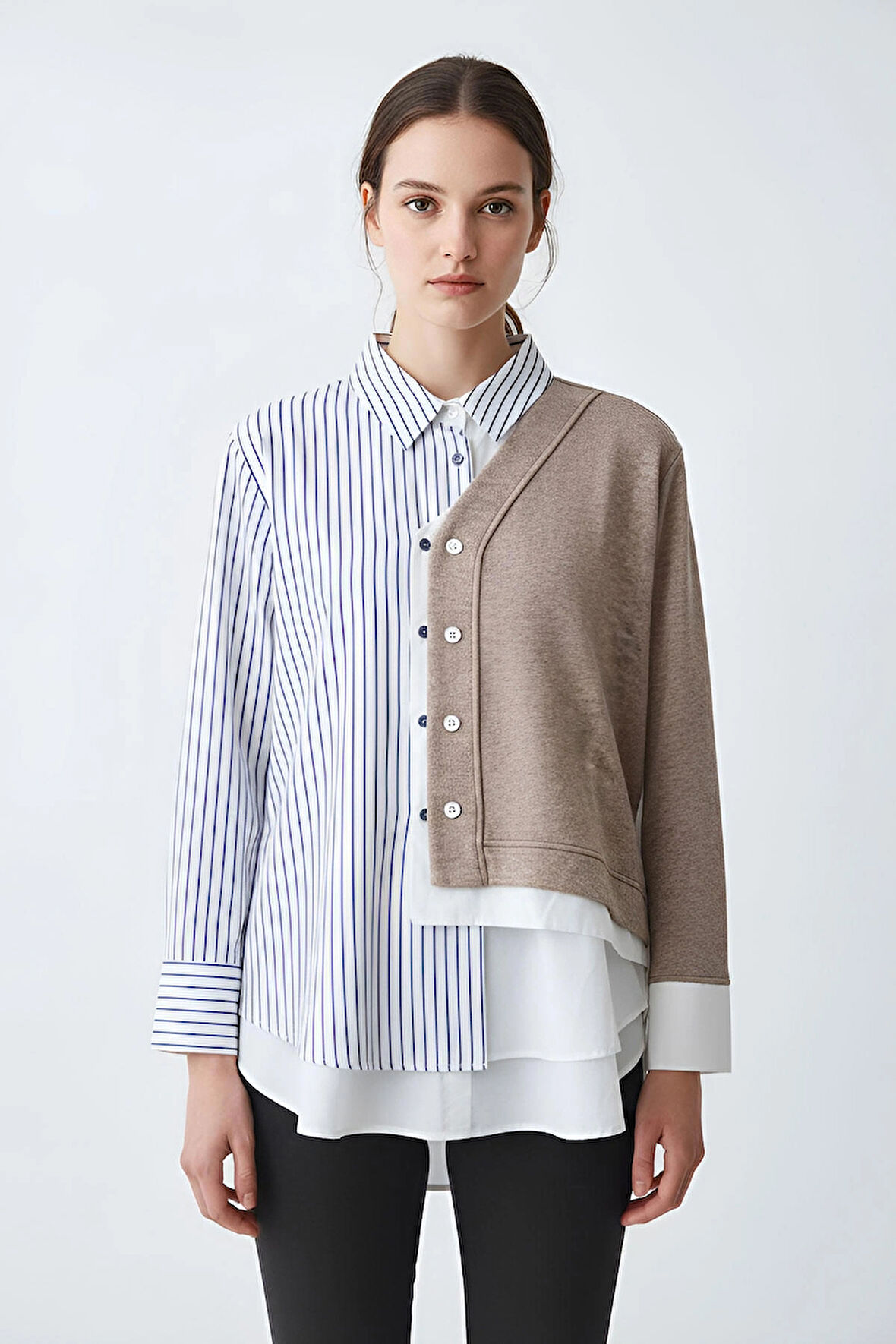 Triko Garnili Düğmeli Geniş Oversize Çizgili Düz Karışımlı Şık Gömlek
