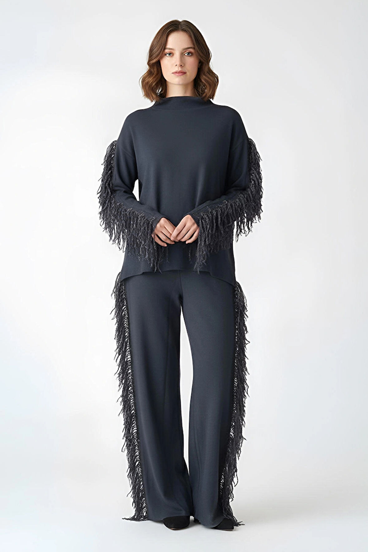 Boncuklu Pullu Püsküllü Yarım Balıkçı Yaka Alt Üst Şık Tasarım Takım