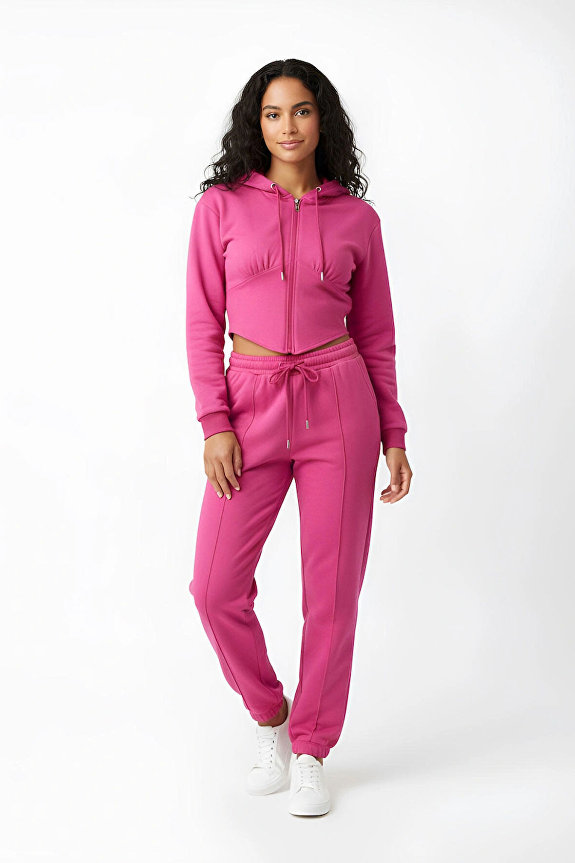 Şardonlu Crop Alt Üst Fermuarlı Lastik Paça Uzun Kol Kapüşonlu Eşofman Takımı
