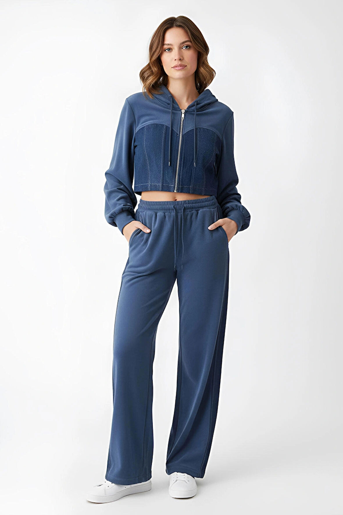 Ekstra Yumuşak Kumaş Şerit Ve Denim Detaylı Fermuarlı Crop Kapüşonlu Eşofman Takım