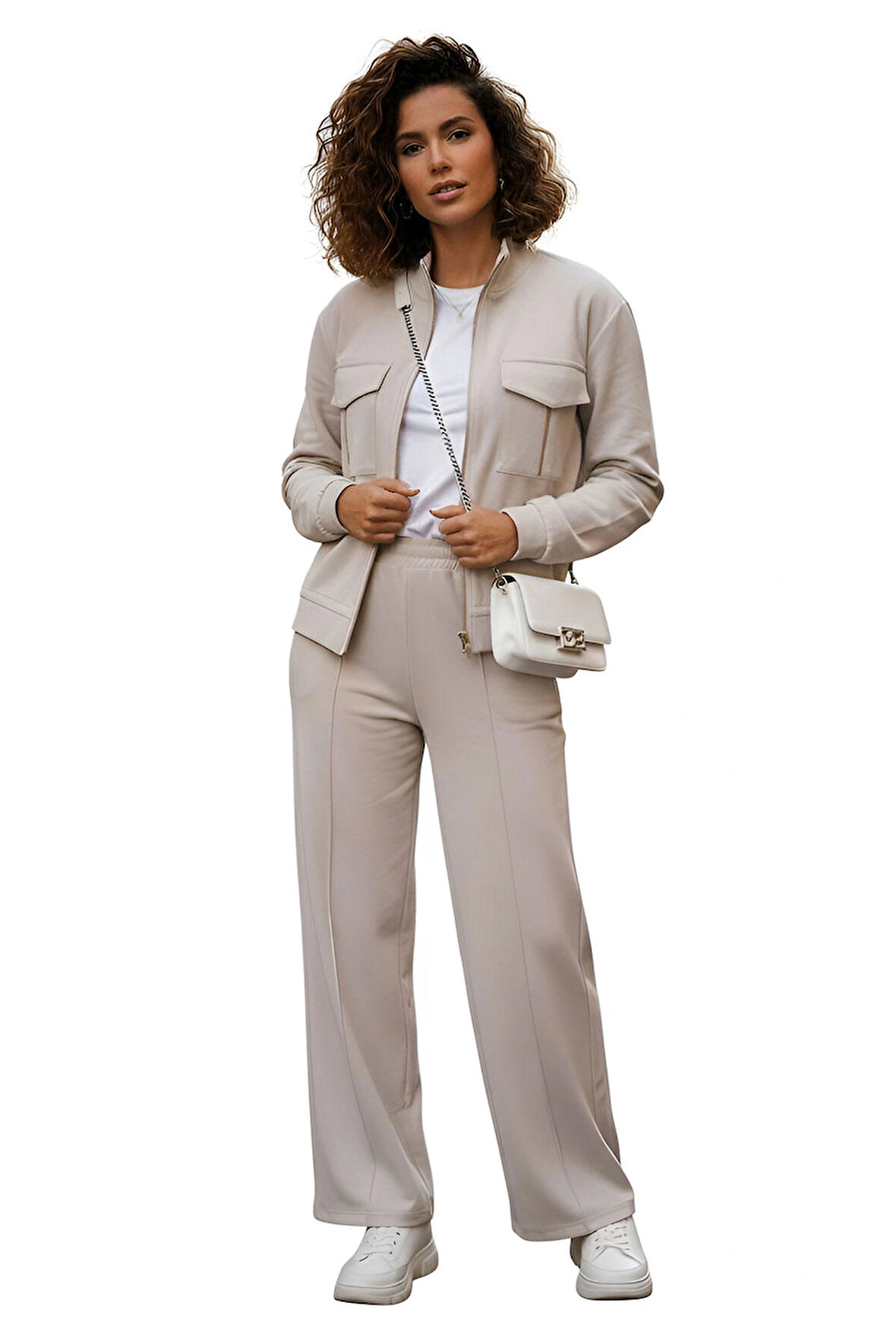 Ekstra Yumuşak Kumaş Fermuarlı Geniş Paçalı Pantolon Görünümlü Şık Günlük Takım