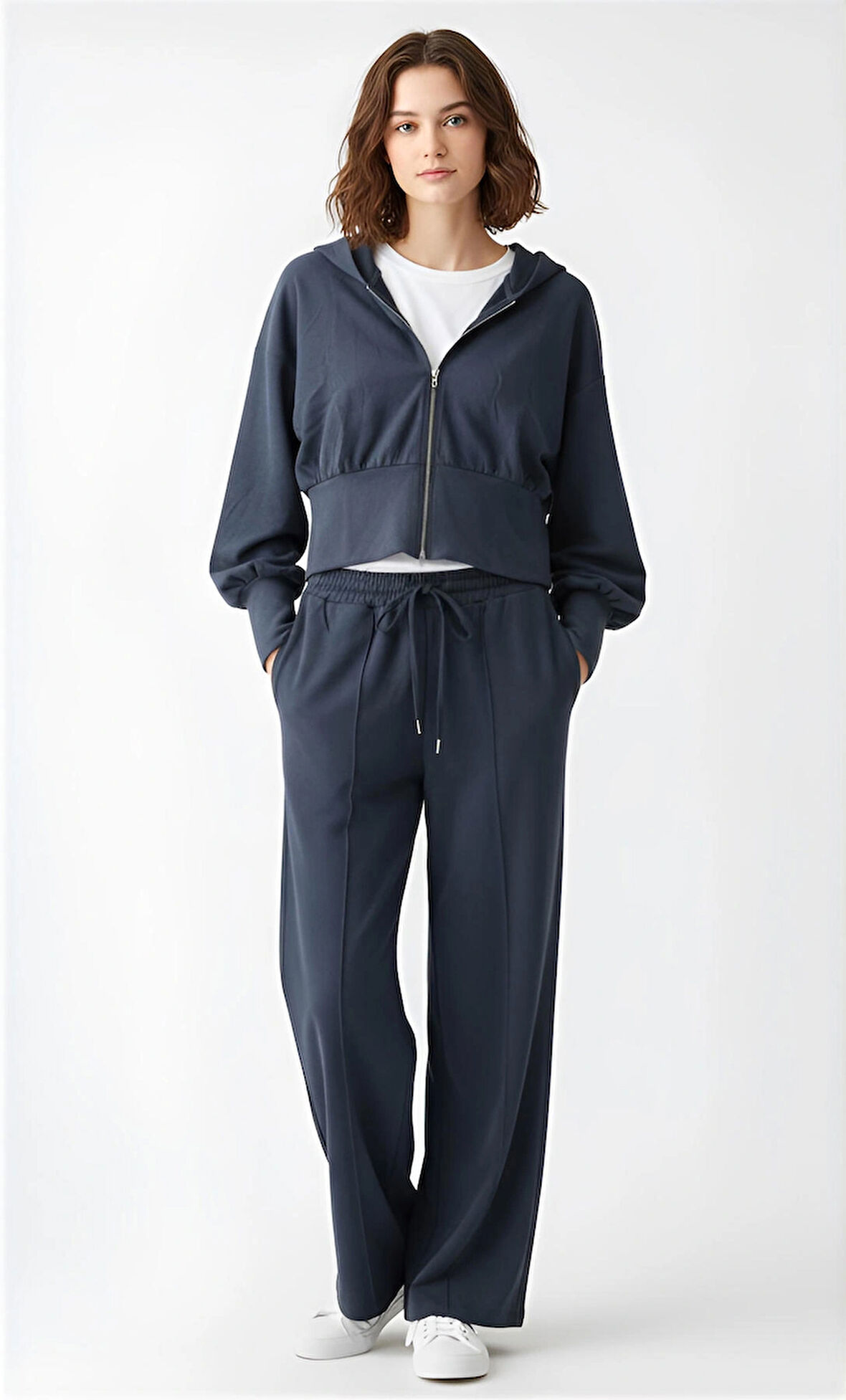 Ekstra Yumuşak Kumaş Kapüşonlu Kordonlu Fermuarlı Geniş Paçalı Şık Günlük Antrasit Takım