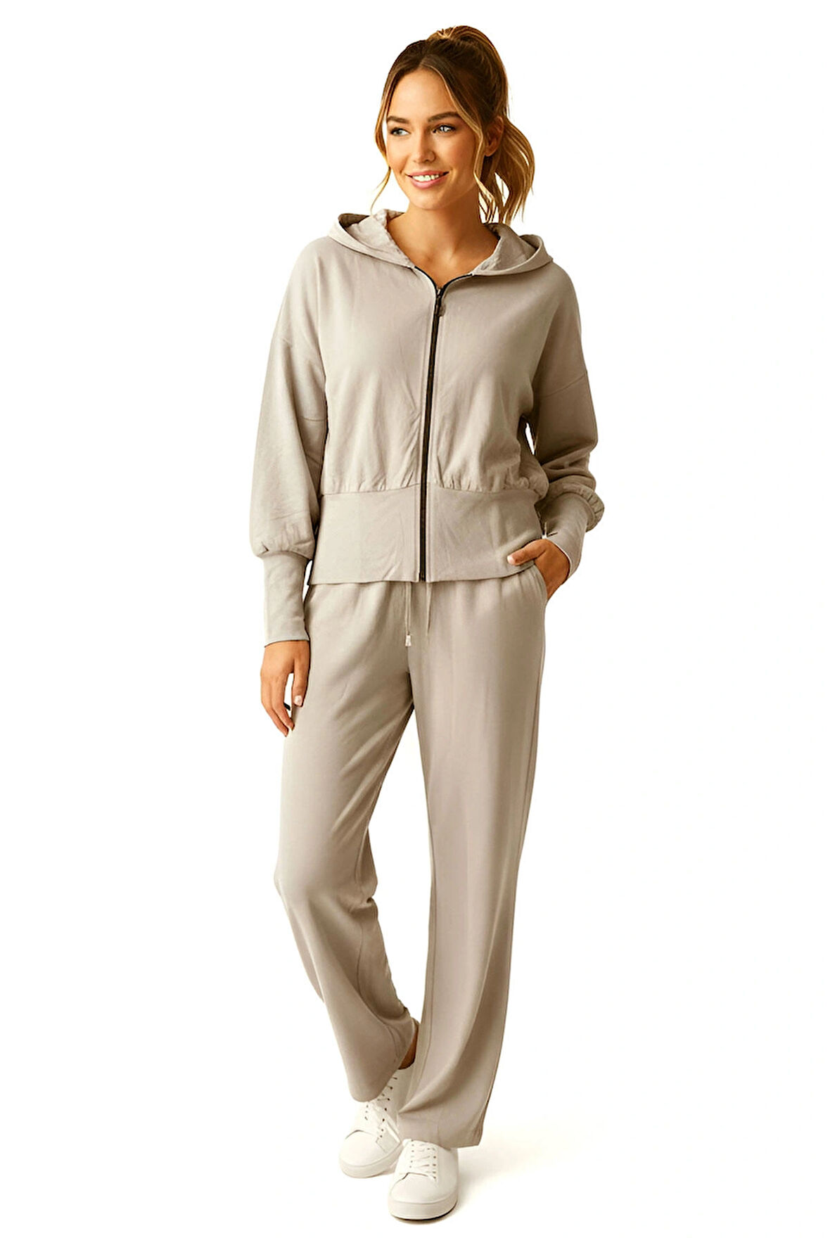 Ekstra Yumuşak Kumaş Kapüşonlu Kordonlu Fermuarlı Geniş Paçalı Şık Günlük Bej Takım