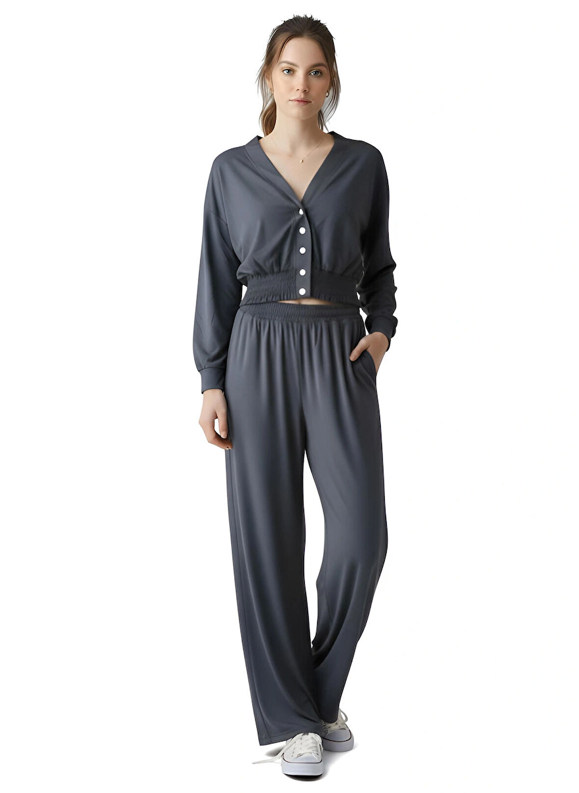 Beli Lastikli V Yaka Çıtçıtlı Ekstra Yumuşak Kumaş Antrasit Koyu Gri Şık Gipeli Eşofman Takım