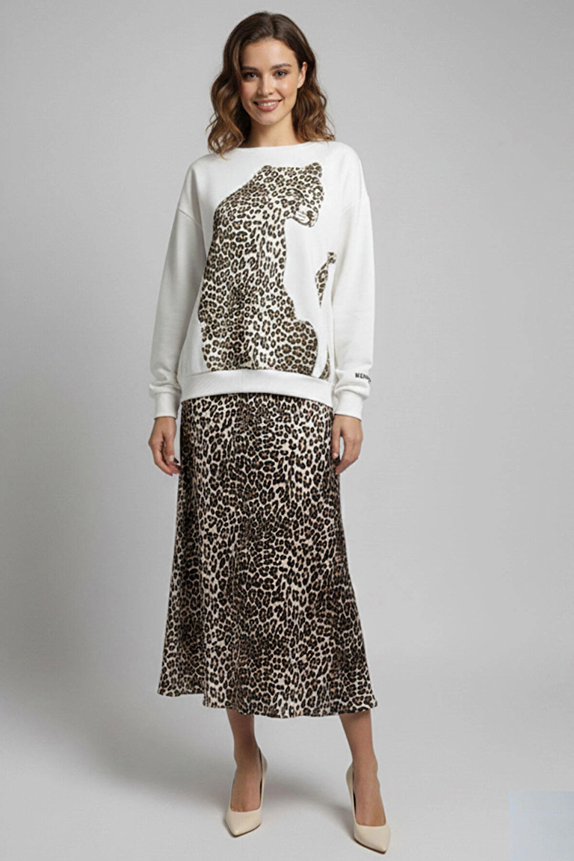 Kahverengi Leopar Desenli Dar Kalıp Yüksek Bel A Kesim Etek