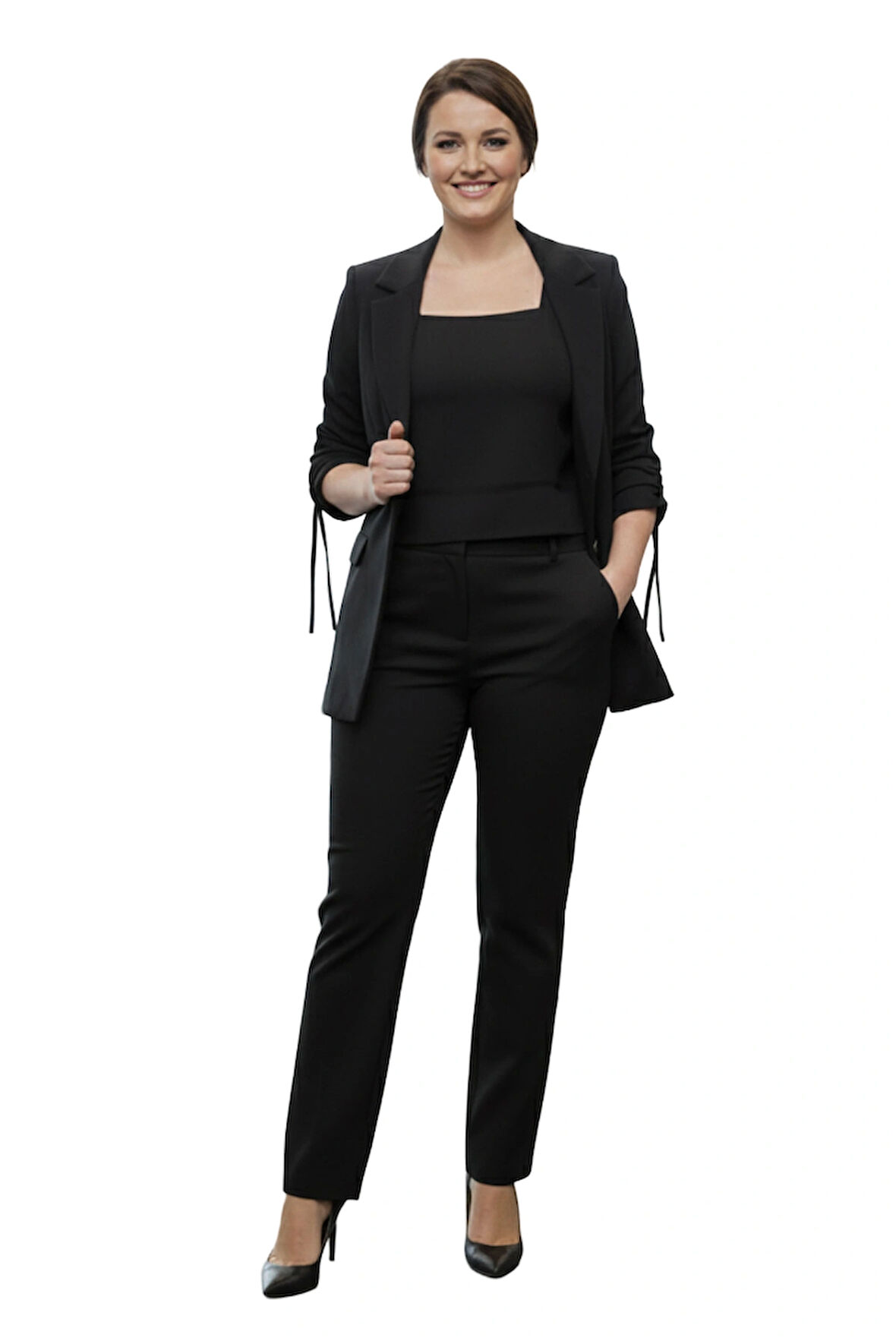 Siyah İpek Görünümlü Kolları Büzgü Yanlı Ceket, Yüksek Bel Dar Kalıp Pantolon ve Crop Top Üçlü Takım