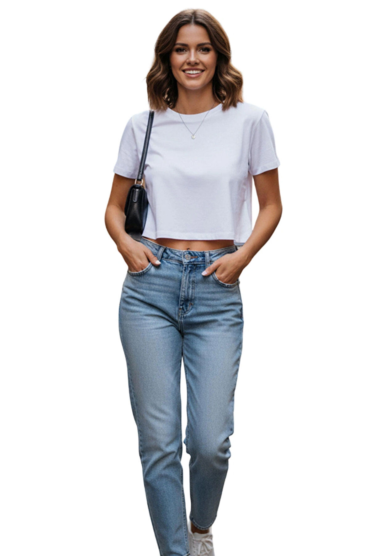 Beyaz Bisiklet Yaka Basic Kısa Kollu Crop T-Shirt