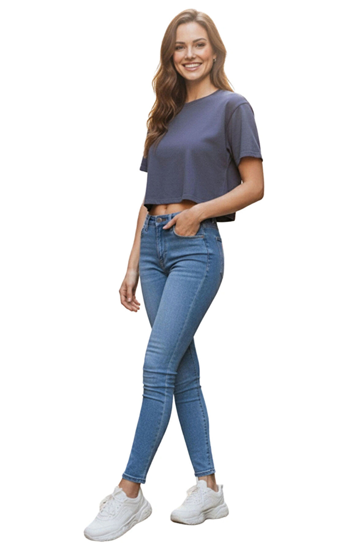 Antrasit Bisiklet Yaka Basic Kısa Kollu Crop T-Shirt