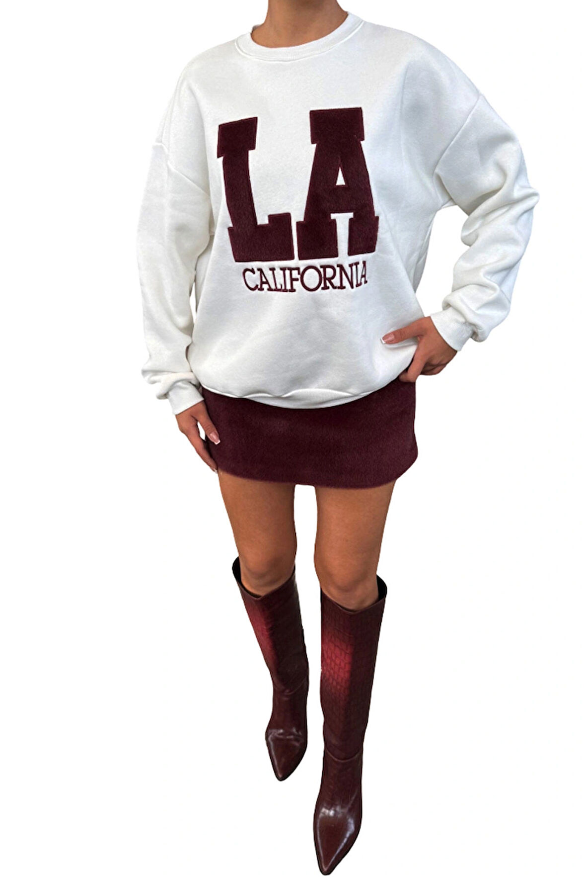 Bordo Tüylü Astarlı Kürk Örme Mini Çan Etek