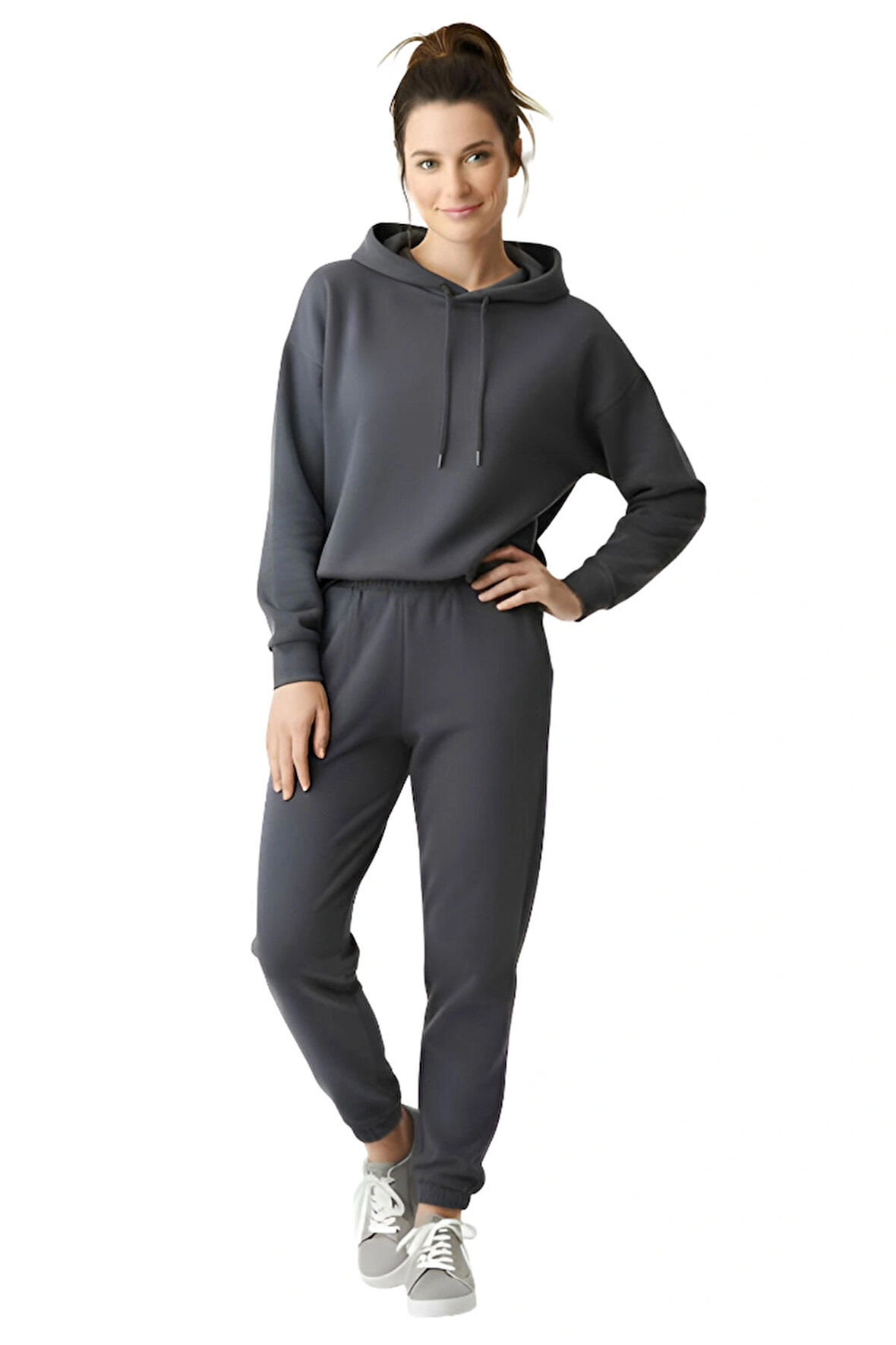 Esnek Rahat Kumaş Kapüşonlu Üst,Alt Eşofman Bilekleri Lastikli Ve Cepli İkili Alt Üst Takım K. Gri