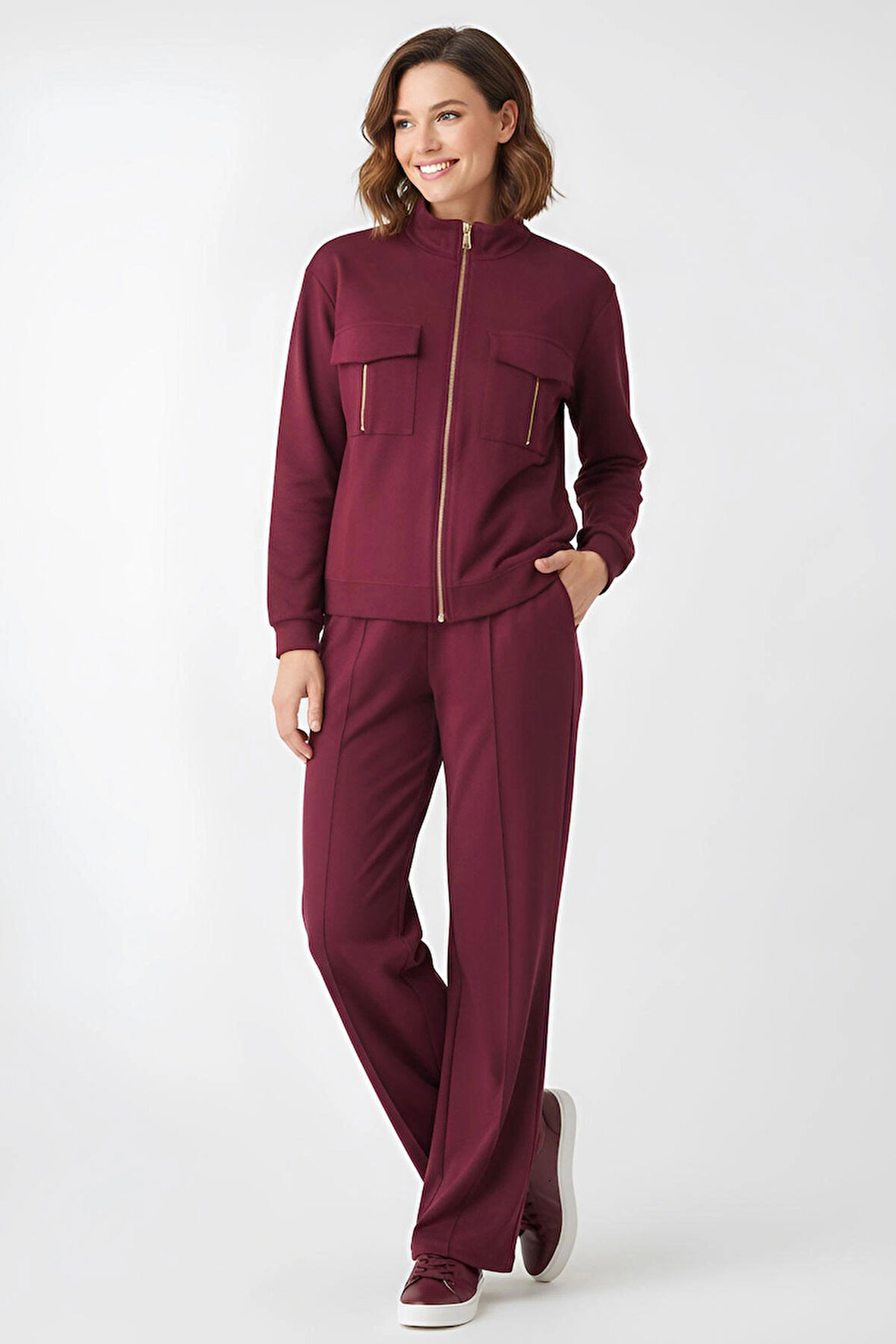 Ekstra Yumuşak Kumaş Fermuarlı Geniş Paçalı Pantolon Görünümlü Şık Günlük Takım