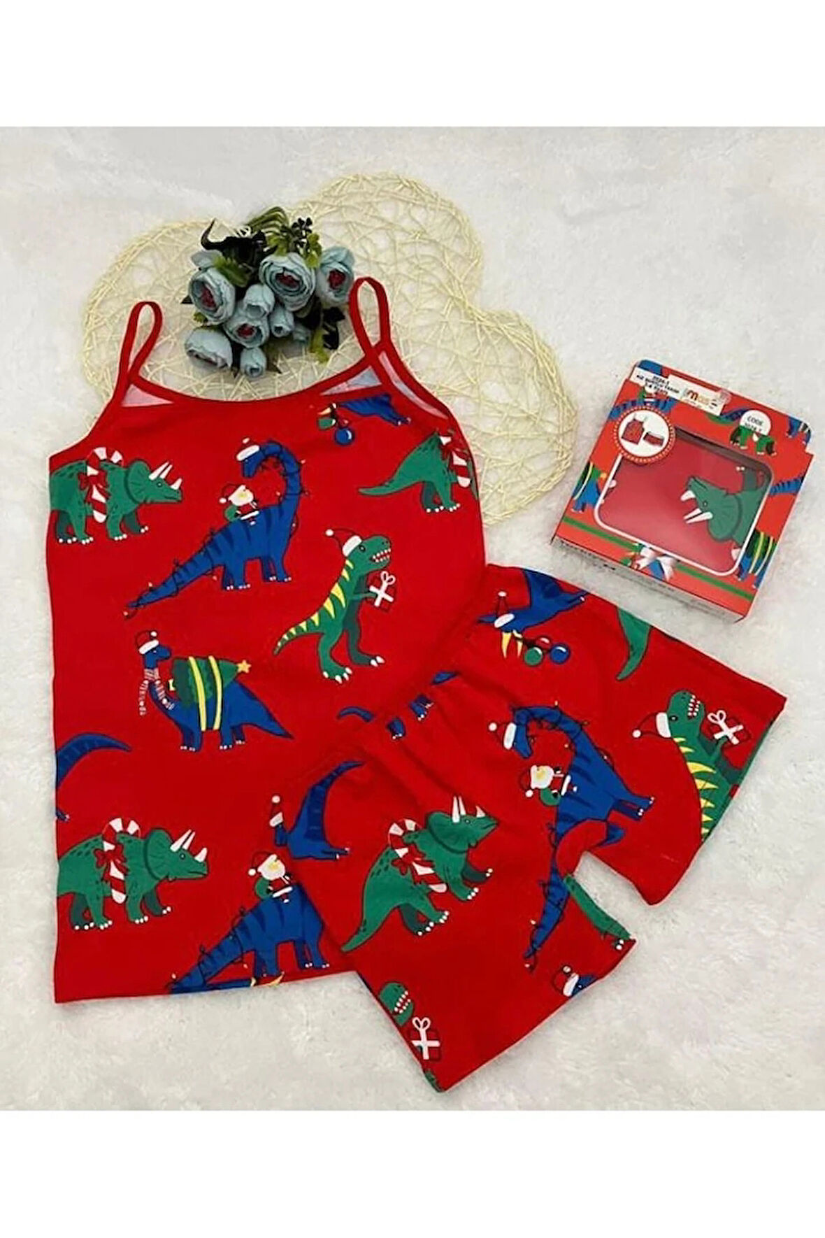 ELM Kırmızı Dinazor Desenli Kız Çocuk Atlet Boxer Takımı 2024-1