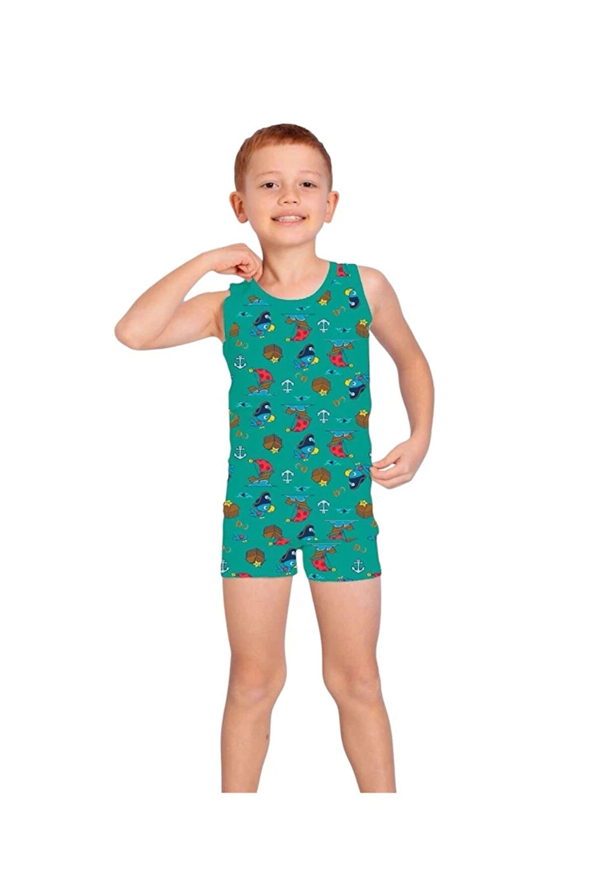 ELM Yeşil Papağan Desenli Erkek Çocuk Atlet Boxer Takımı 7052