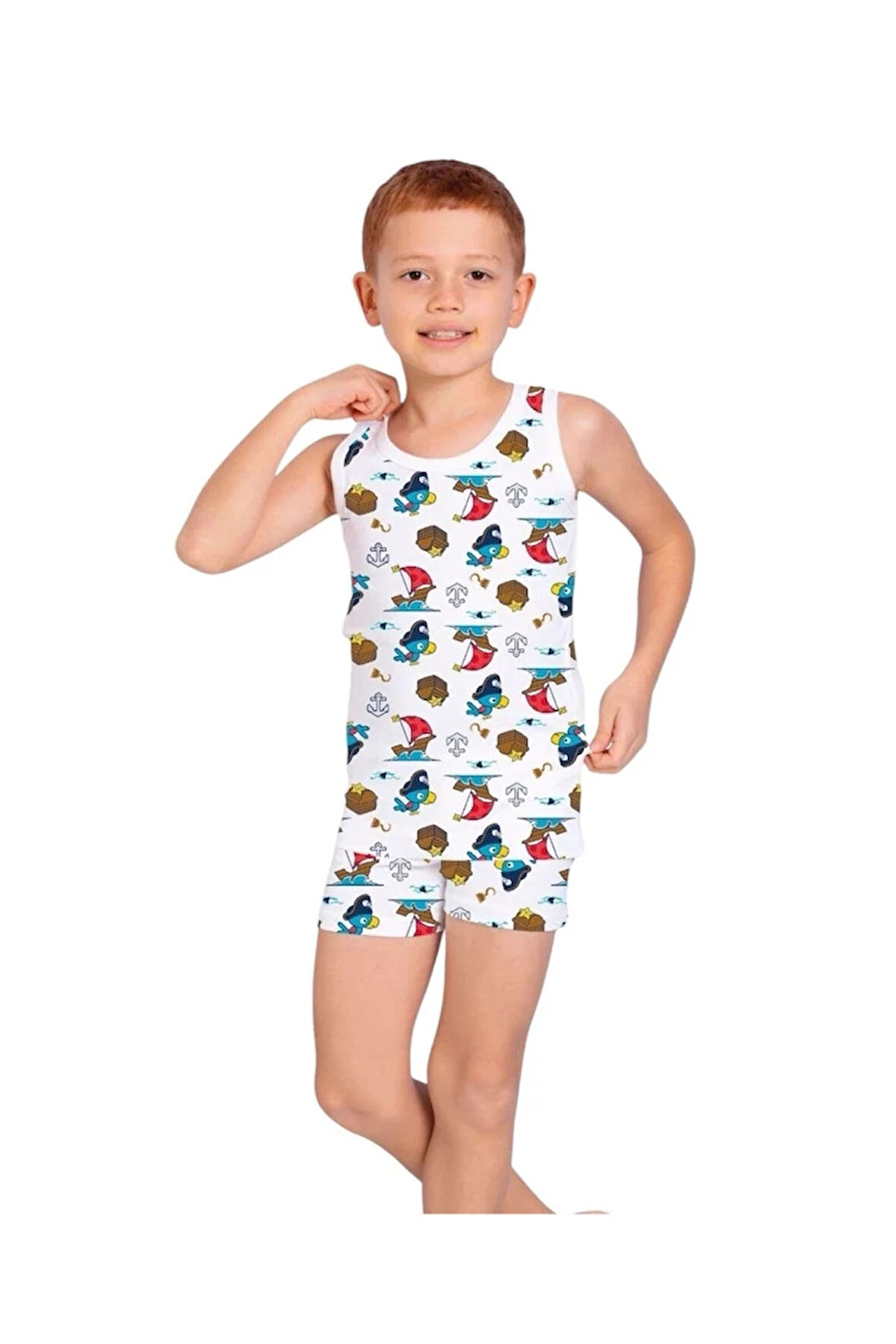 ELM Beyaz Papağan Desenli Erkek Çocuk Atlet Boxer Takımı 7054