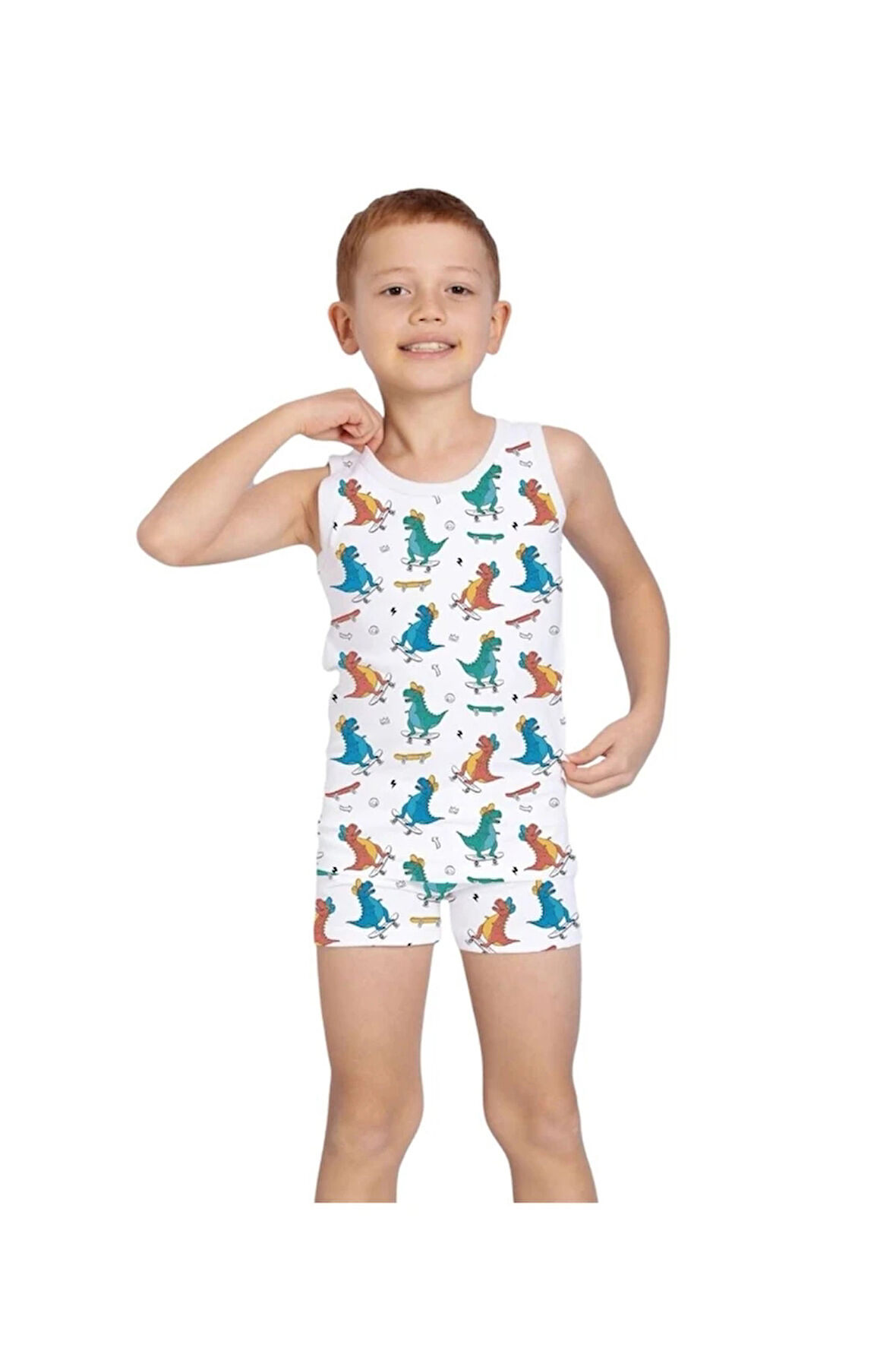 ELM Beyaz Dinazor Desenli Erkek Çocuk Atlet Boxer Takımı 7060