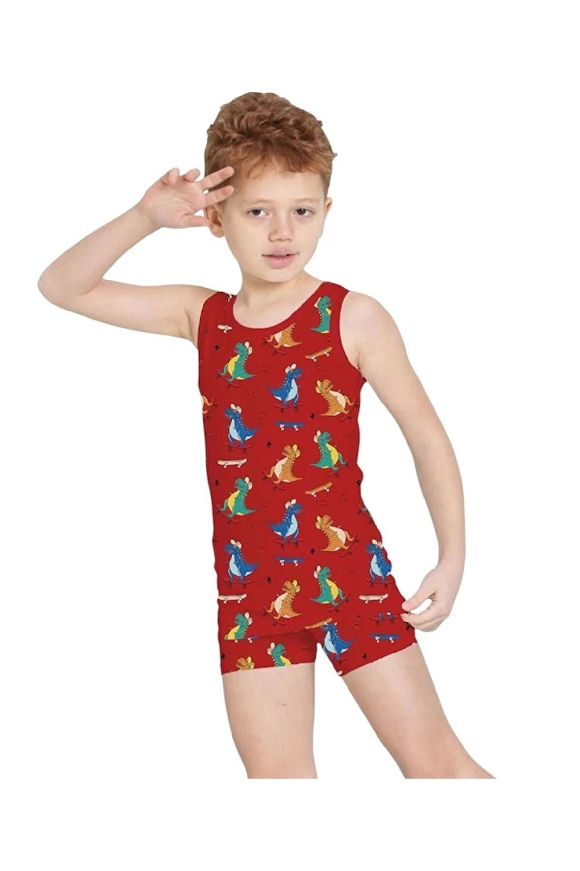 ELM Kırmızı Dinazor Desenli Erkek Çocuk Atlet Boxer Takımı 7061