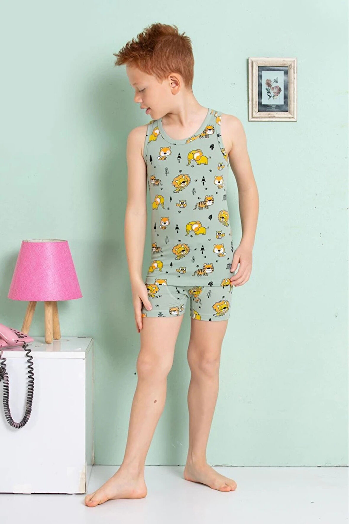 ELM Yeşil Arslan Desenli Erkek Çocuk Atlet Boxer Takımı 7065