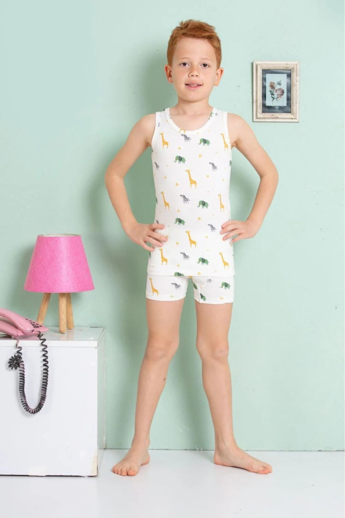 ELM Krem Zürafa Desenli Erkek Çocuk Atlet Boxer Takımı 7067