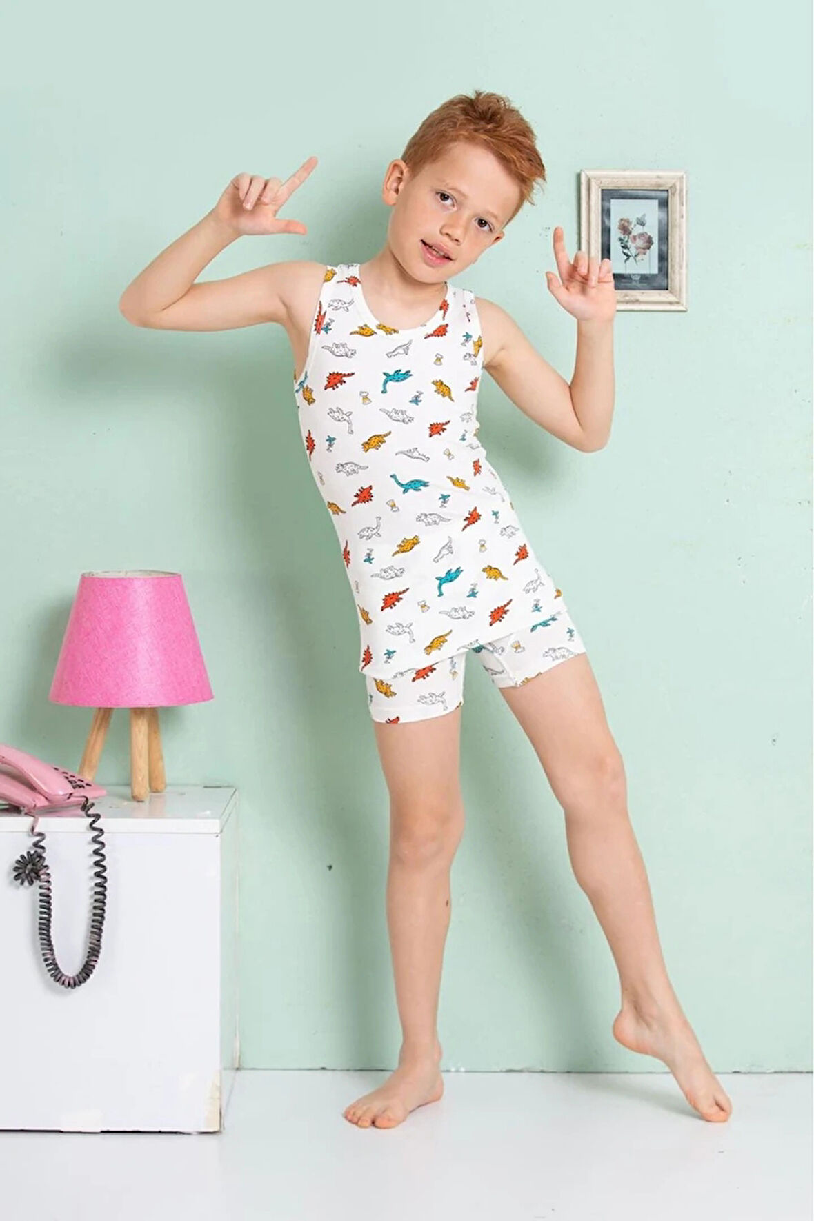 ELM Krem Dinozor Desenli Erkek Çocuk Atlet Boxer Takımı 7069