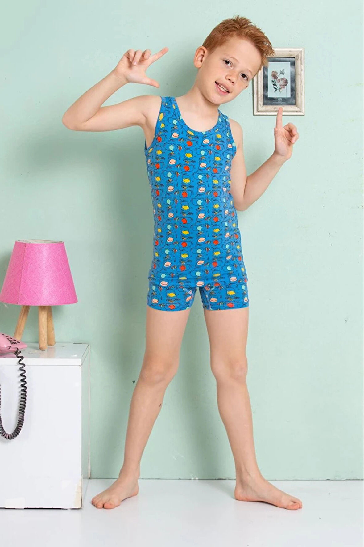 ELM Mavi Fil Desenli Erkek Çocuk Atlet Boxer Takımı 7072