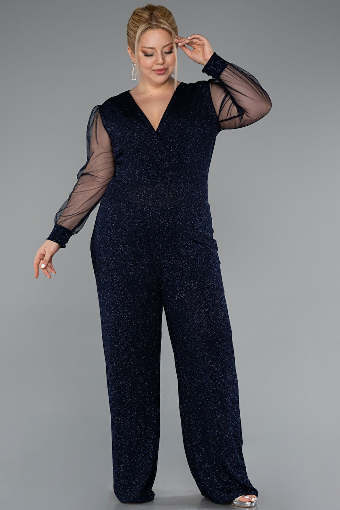 Kruvaze Yaka Simli Büyük Beden Abiye Tulum ABT131