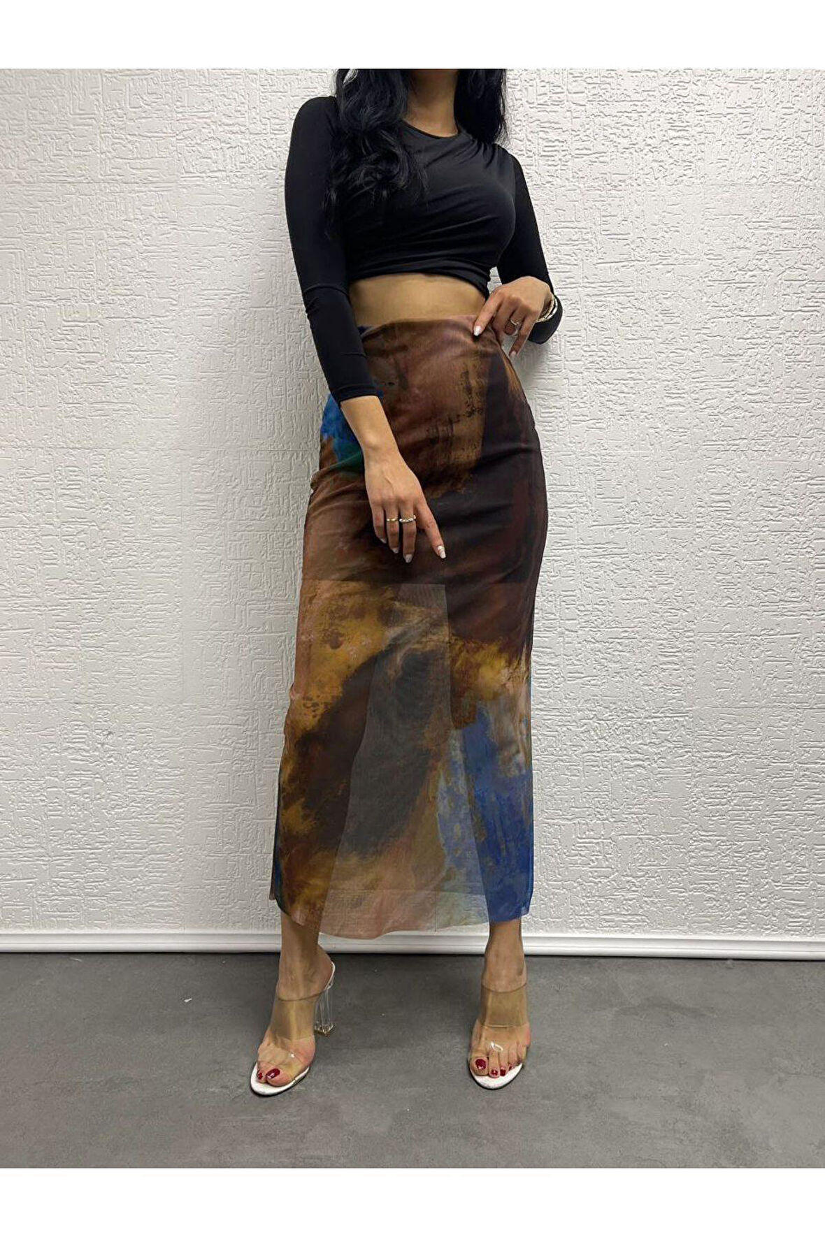 Kadın Çok Renkli Desenli Dijital Baskı Astarlı Uzun Tül Etek Beli Lastikli Tül Etek
