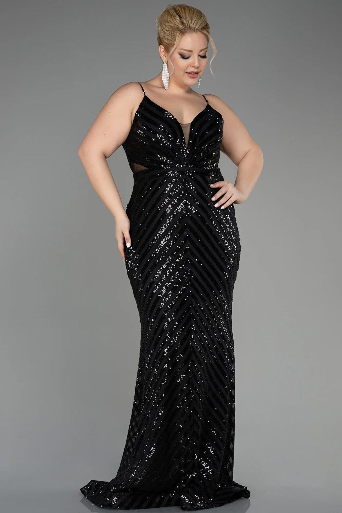 Uzun Payetli İp Askılı Büyük Beden Abiye ABU1661