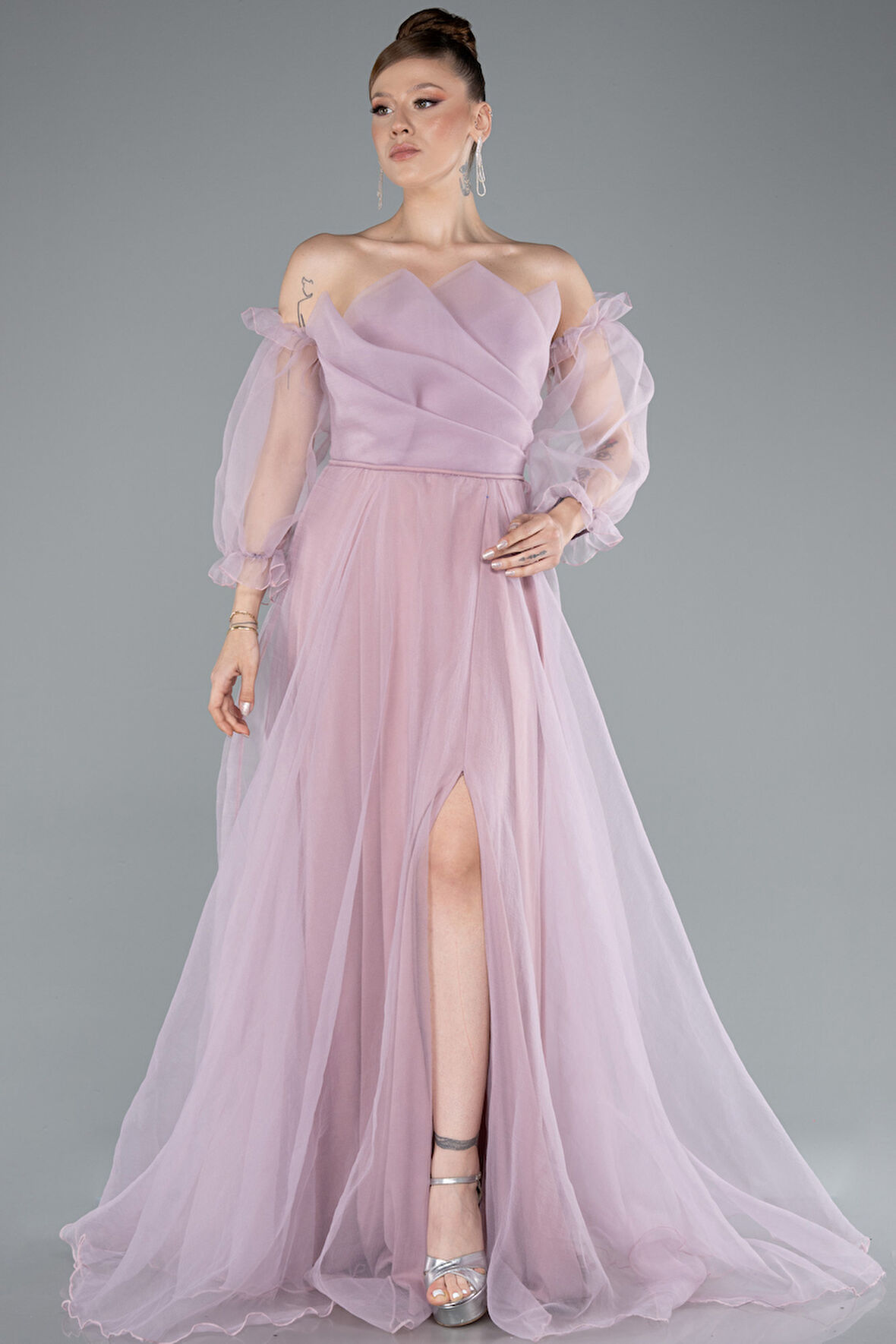 Straplez Kol Aksesuarlı Uzun Dalya Abiye Elbise ABU2076