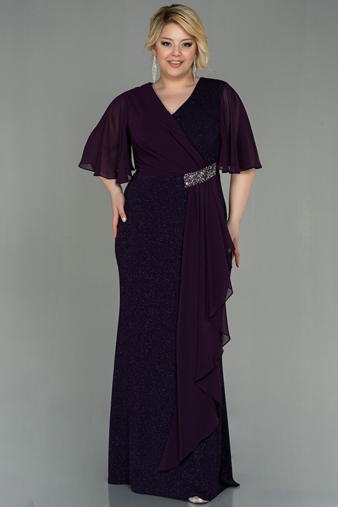 Kısa Kol Simli Uzun Büyük Beden Abiye ABU2651