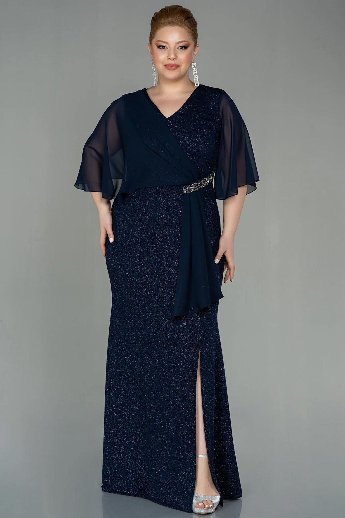 Kısa Kol Uzun Simli Büyük Beden Abiye ABU2857