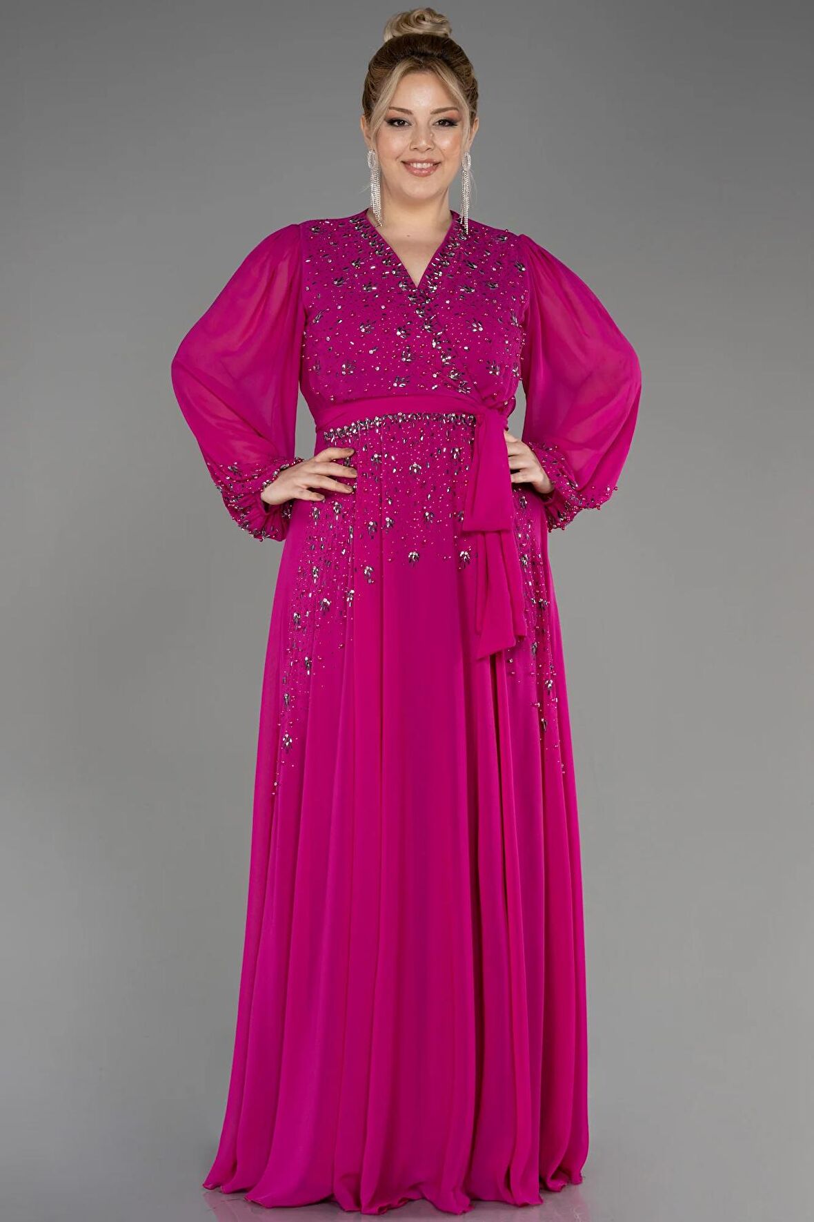 Uzun Kol Taş İşlemeli Şifon Büyük Beden Abiye ABU3075