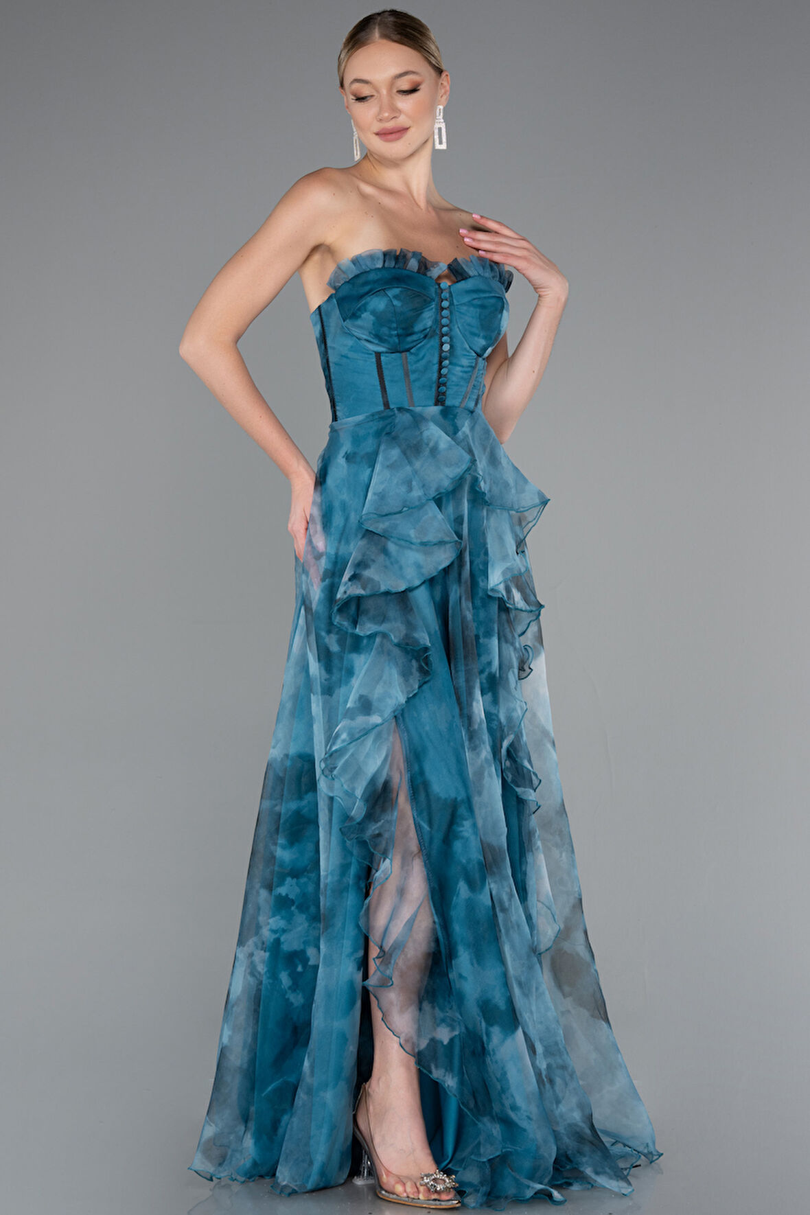 Straplez Yırtmaçlı Empirme Uzun Abiye ABU3360