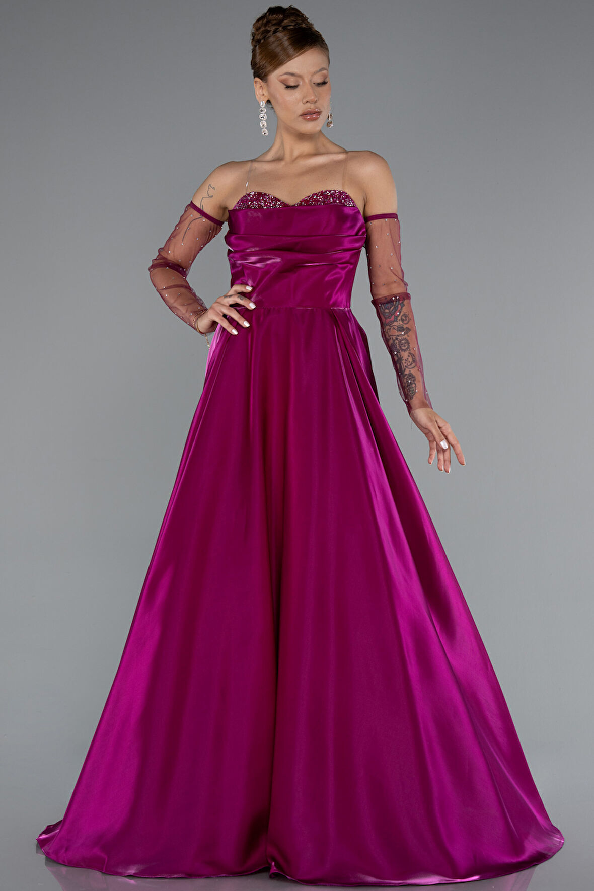 Straplez Uzun Tül Kol Tafta Abiye Elbise ABU3604