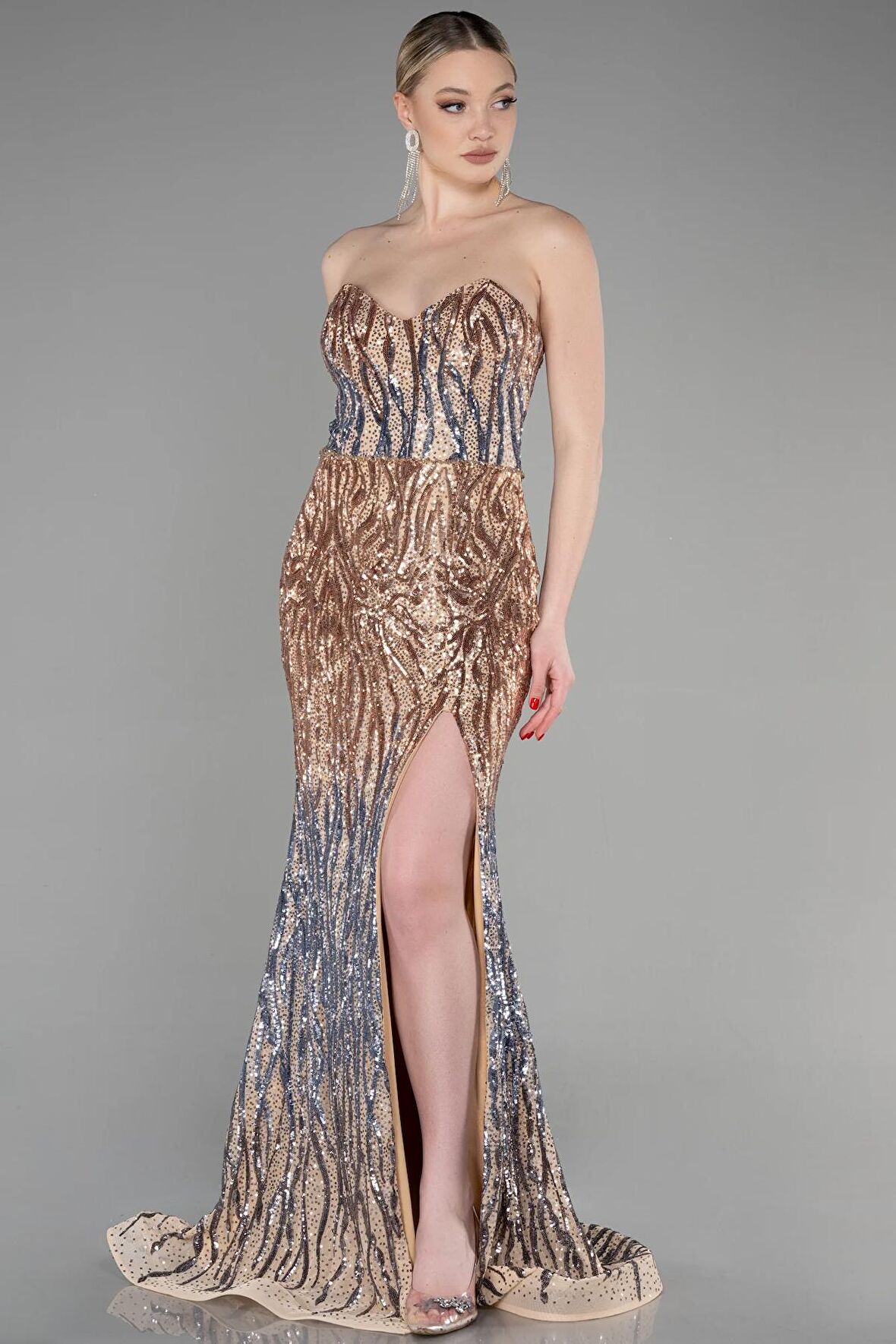 Straplez Bacak Dekolteli Uzun Pullu Balık Abiye ABU3613