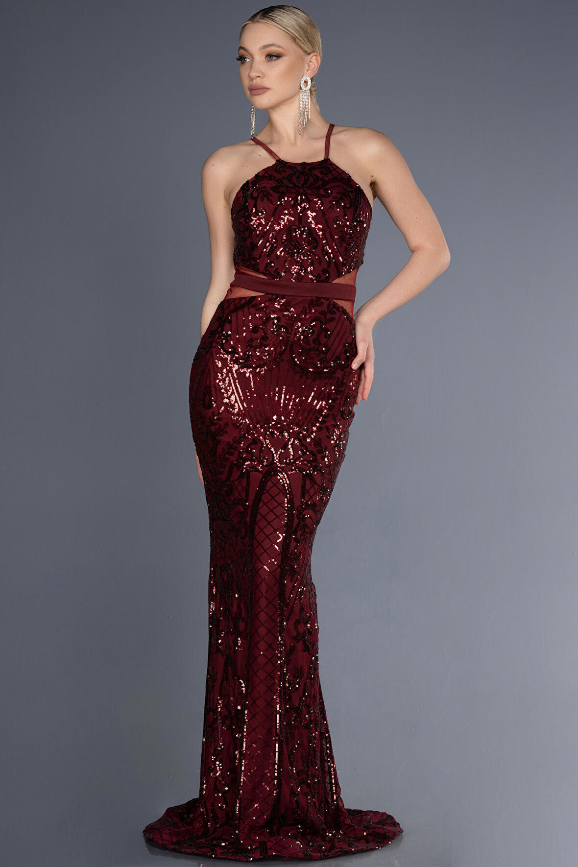 Halter Yaka Uzun Payetli Balık Abiye ABU3670