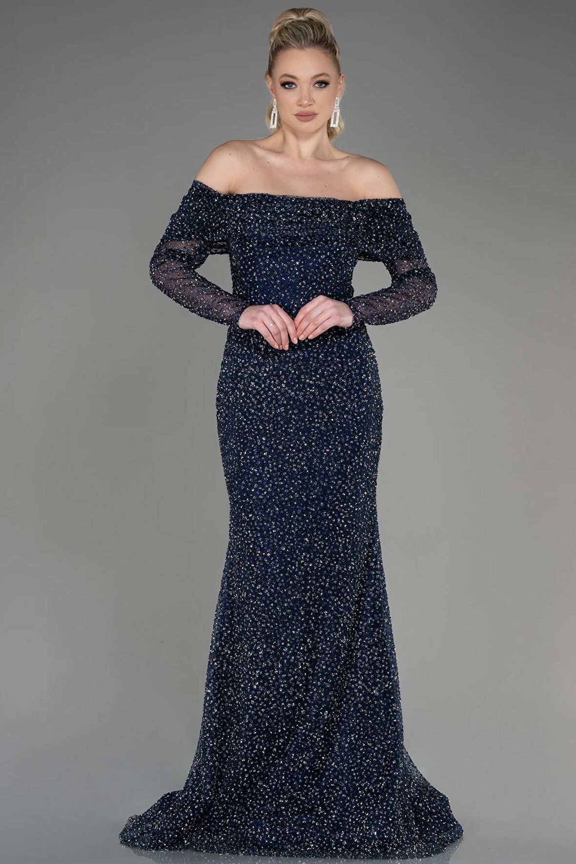 Kayık Yaka Uzun Kol Taşlı Balık Abiye ABU3756