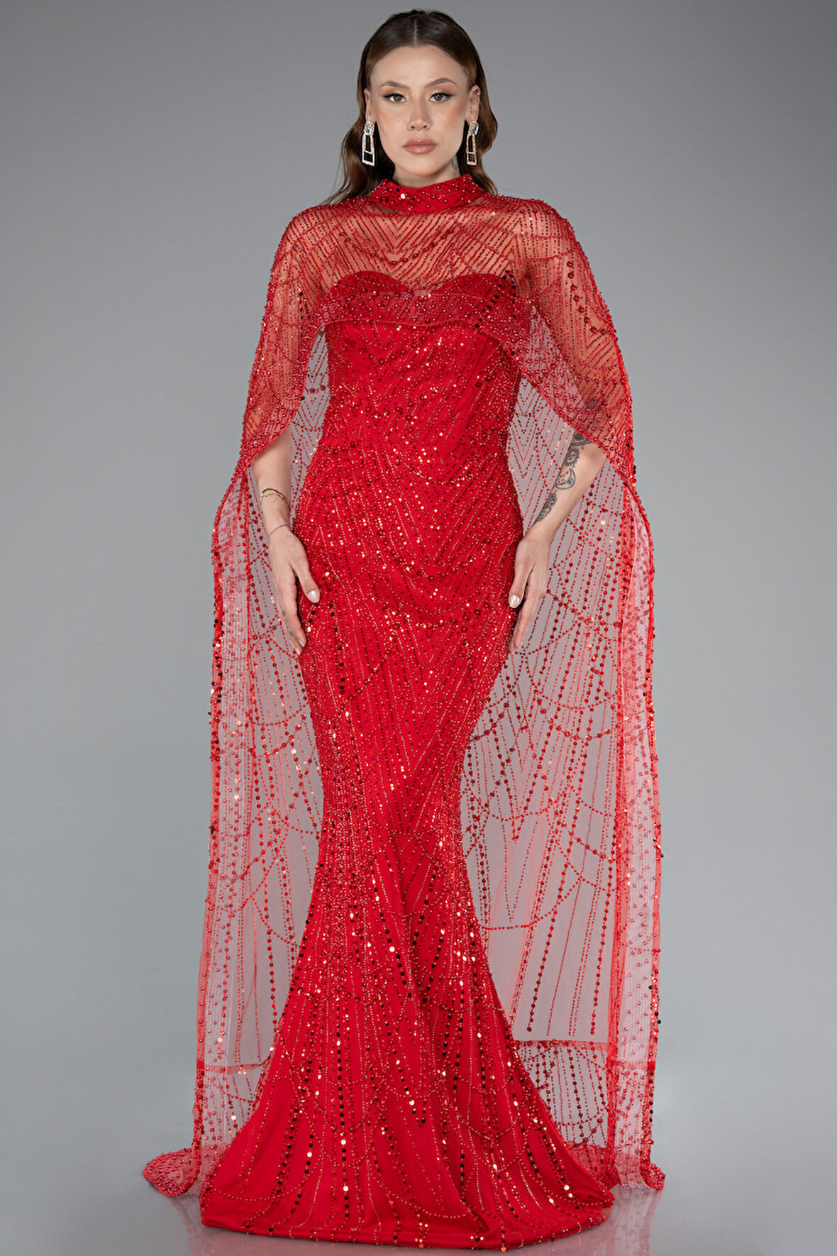 Straplez Boncuk İşlemeli Şal Detaylı Uzun Abiye ABU4517