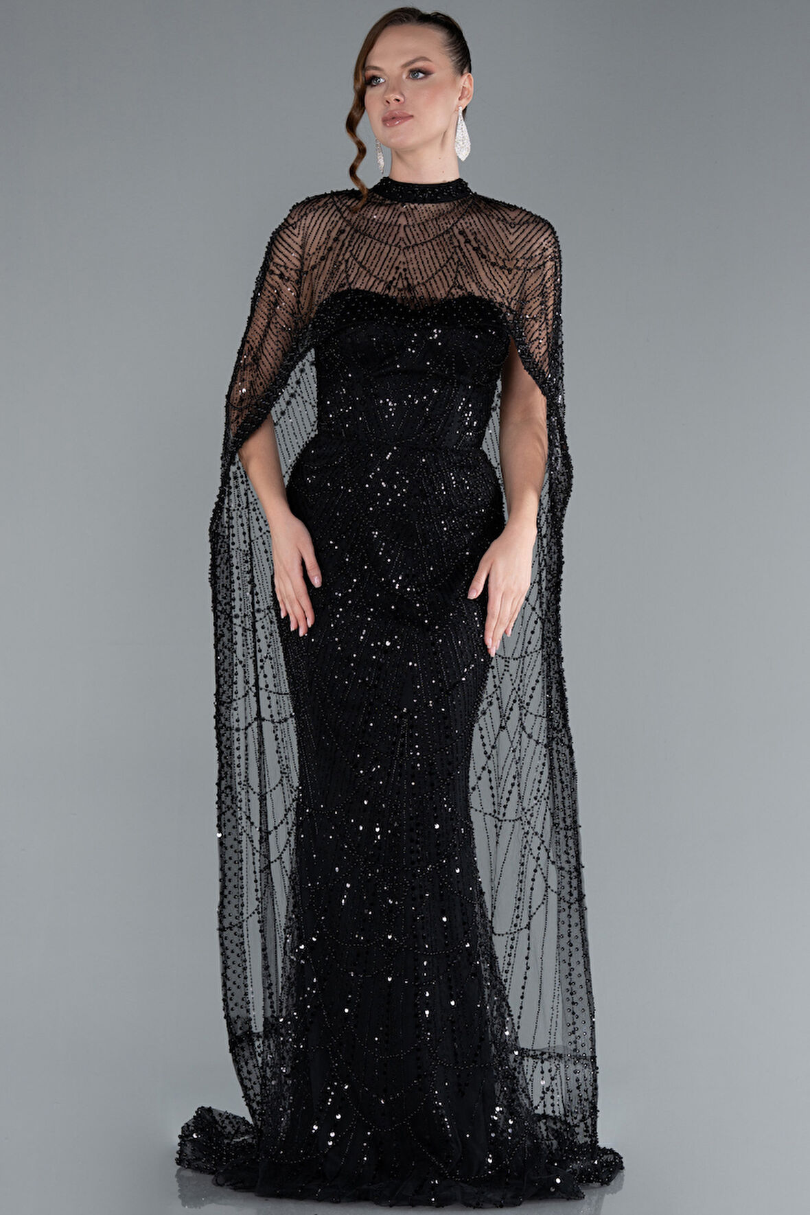 Straplez Boncuk İşlemeli Şal Detaylı Uzun Abiye ABU4517