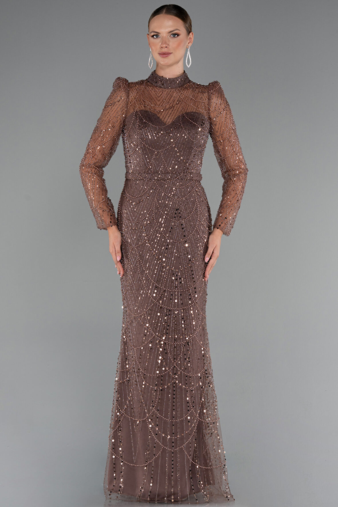 Uzun Kol Dik Yaka Taşlı Özel Tasarım Abiye ABU4526