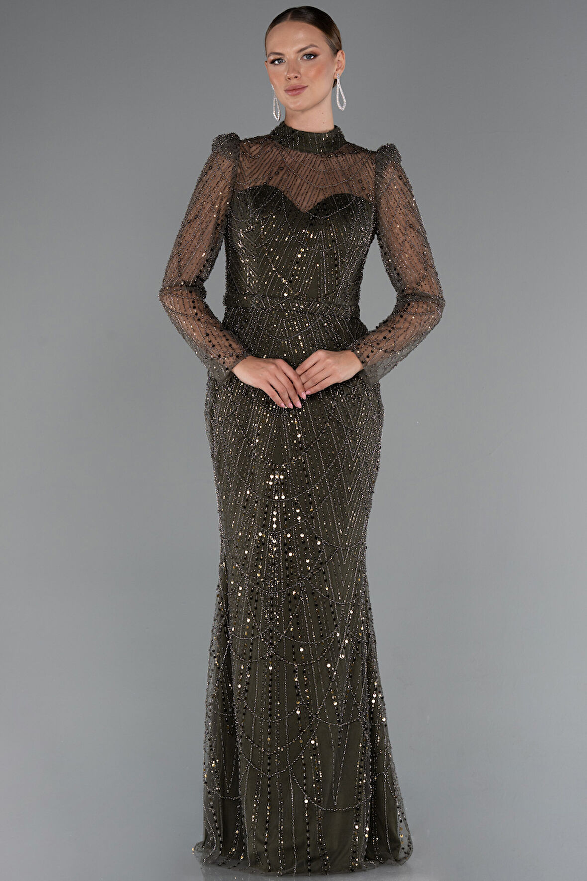 Uzun Kol Taşlı Büyük Beden Özel Tasarım Abiye ABU4527